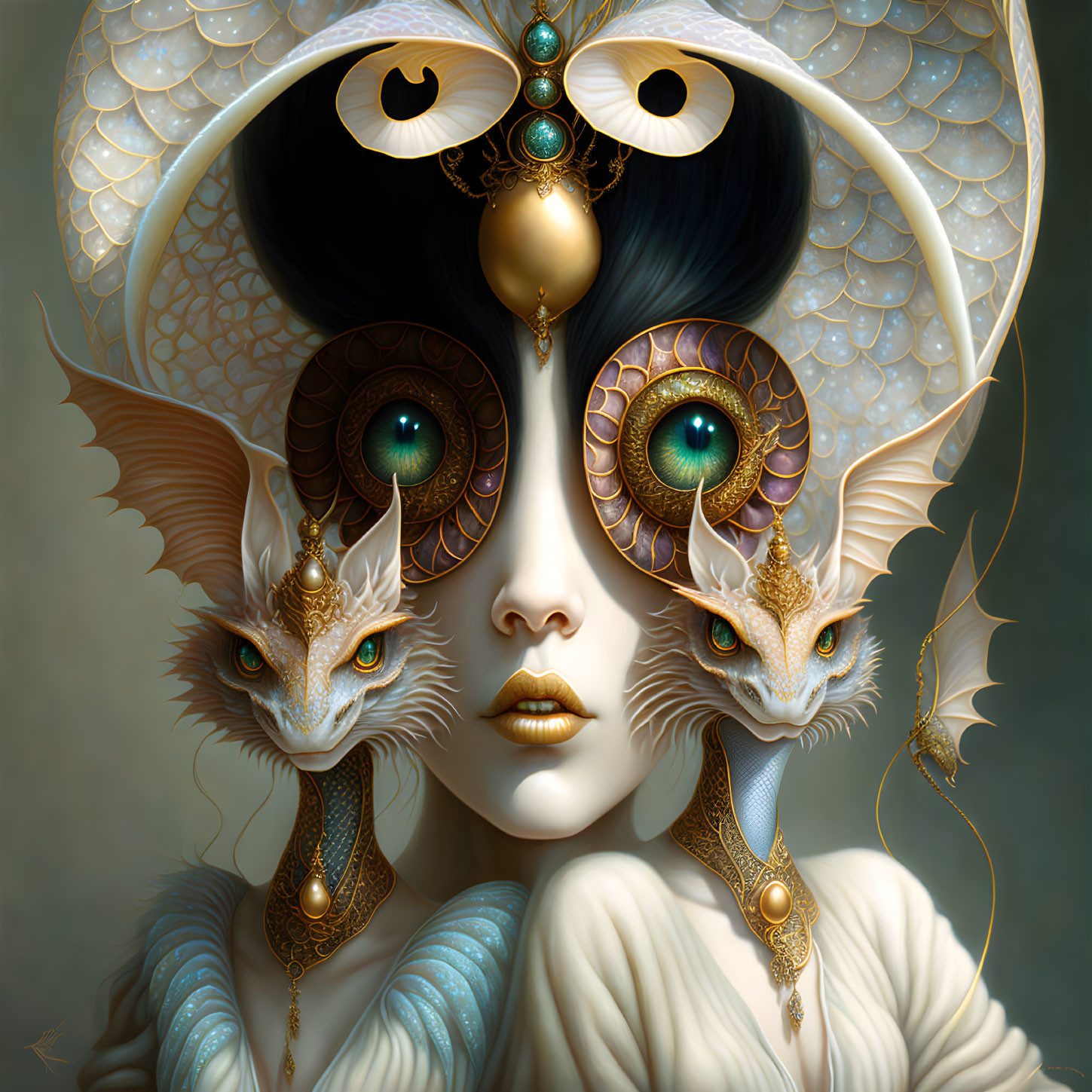 Fantastical portrait of woman with ornate mask and dragon-like creatures