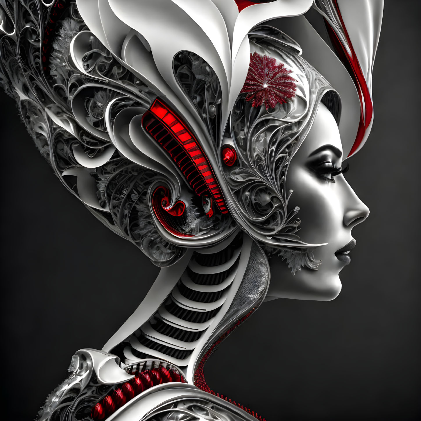 Futuristic female android with silver and red mechanical details