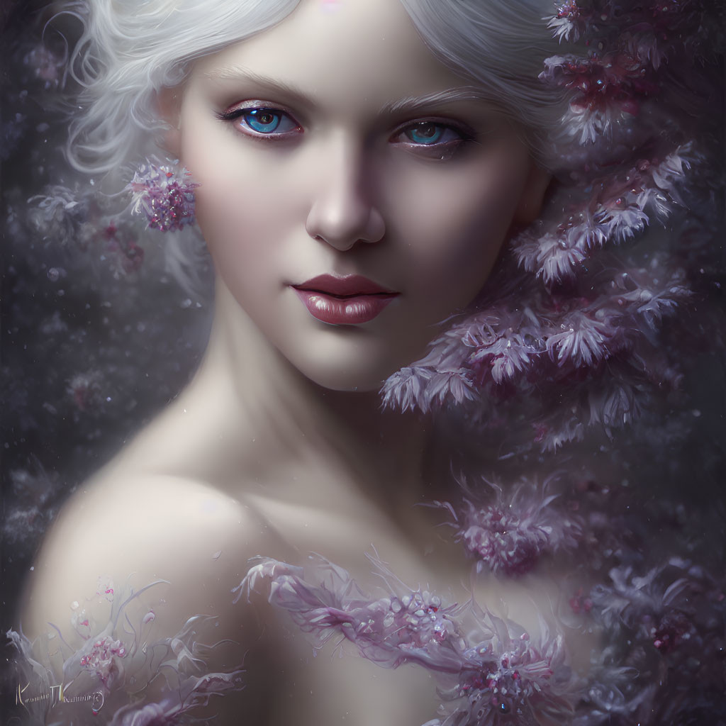 Digital painting: Pale-skinned person with blue eyes, surrounded by pink and white flowers.