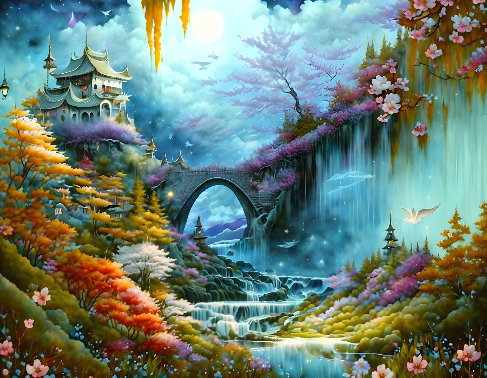 Fantastical landscape with waterfall, bridge, traditional building, blooming trees, twilight sky