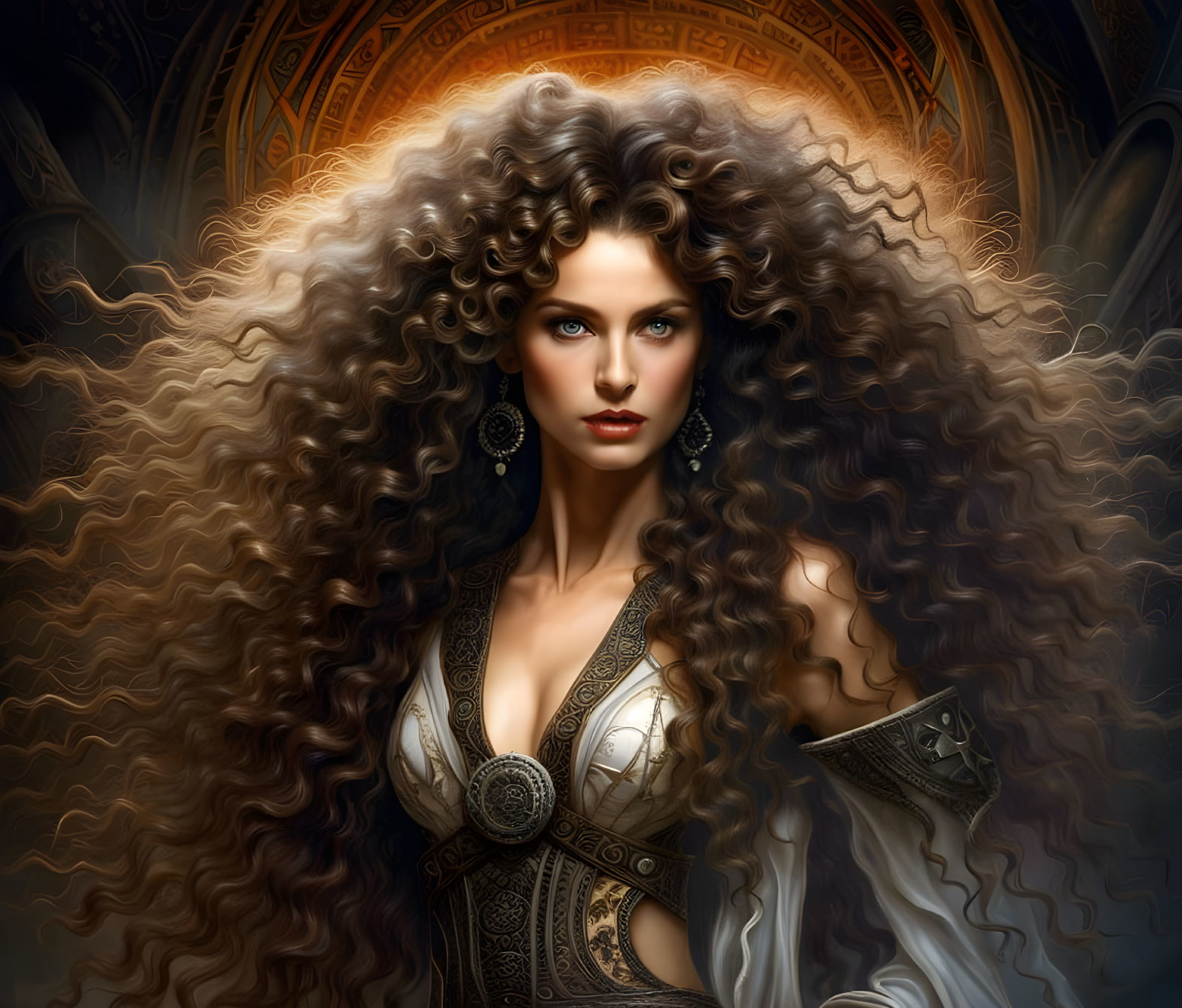 Fantasy digital artwork of a woman with curly hair in ornate attire