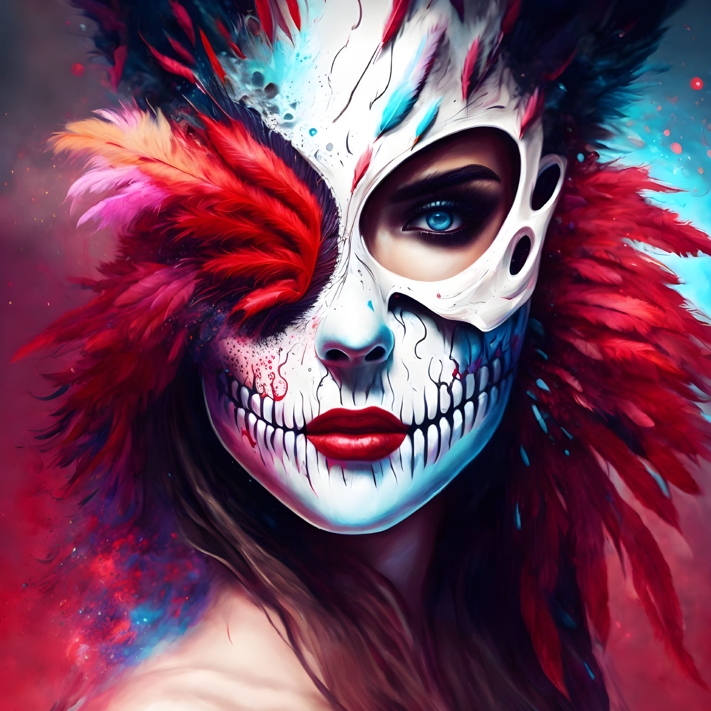 Person with vibrant skull makeup in red & white feathered headdress