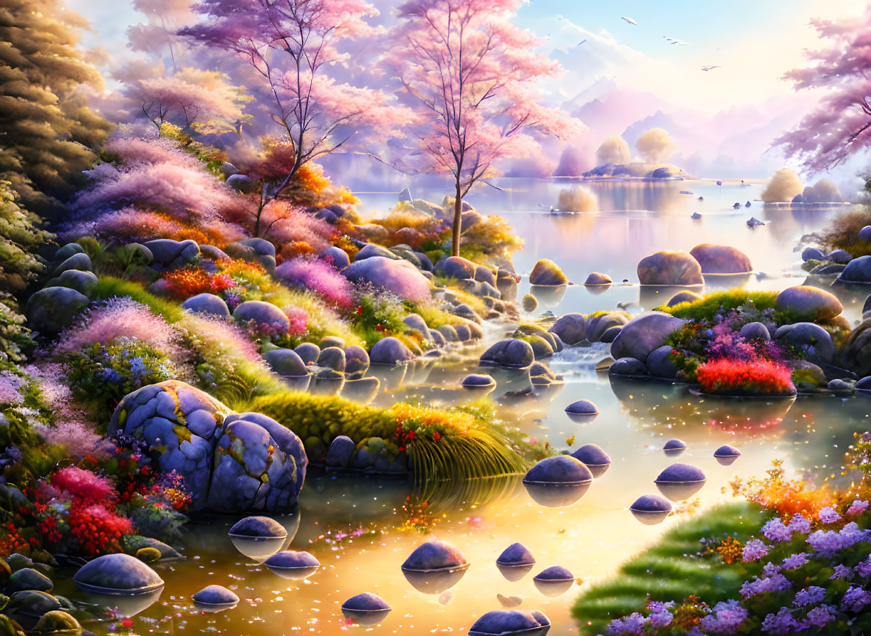 Tranquil landscape with lake, blooming trees, flowers, rocks, and birds