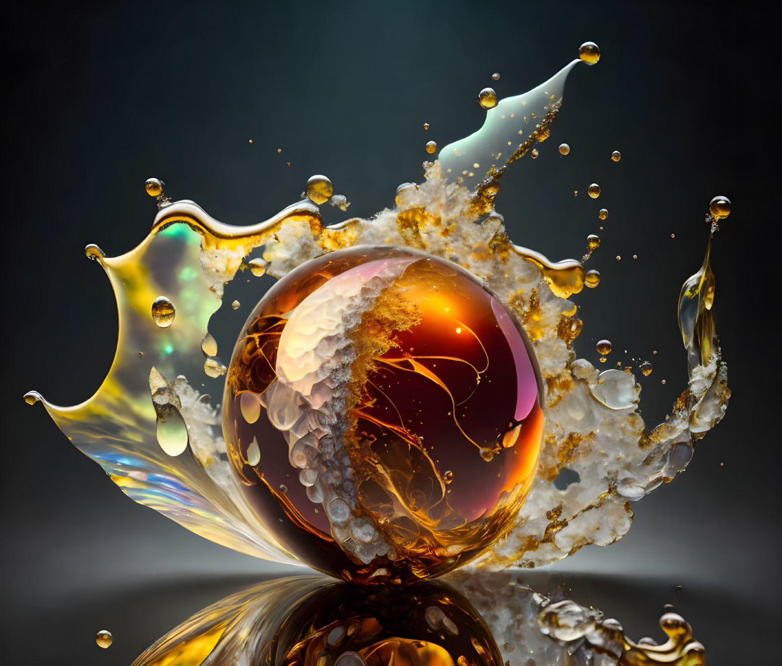 Intricate Patterns Inside Glass Sphere Surrounded by Golden Liquid