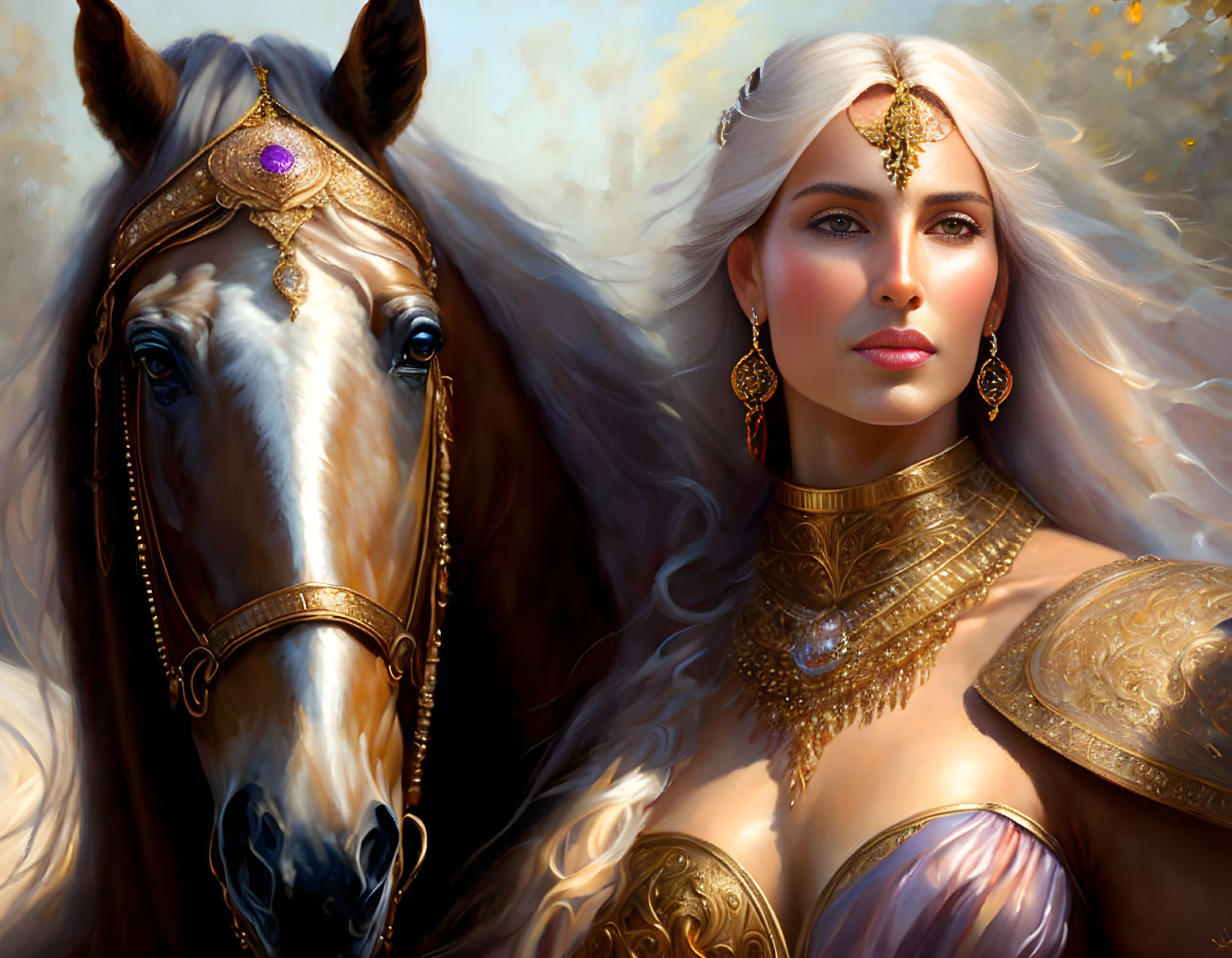 Regal woman with white hair in golden armor with majestic horse