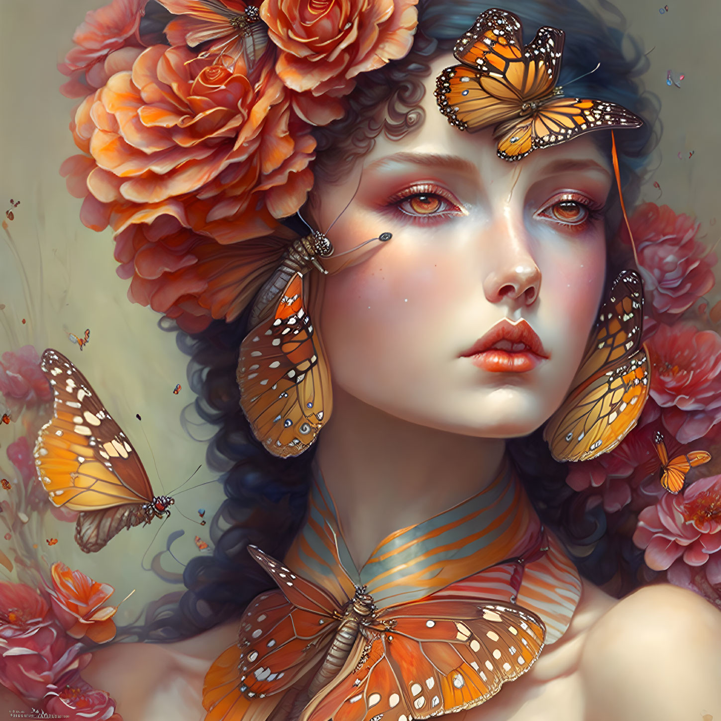 Surreal portrait of woman with orange butterflies and lush flowers