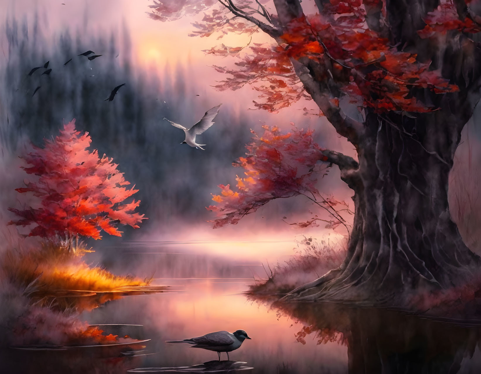 Tranquil autumn landscape with red foliage, birds by misty lake, and sunrise reflection