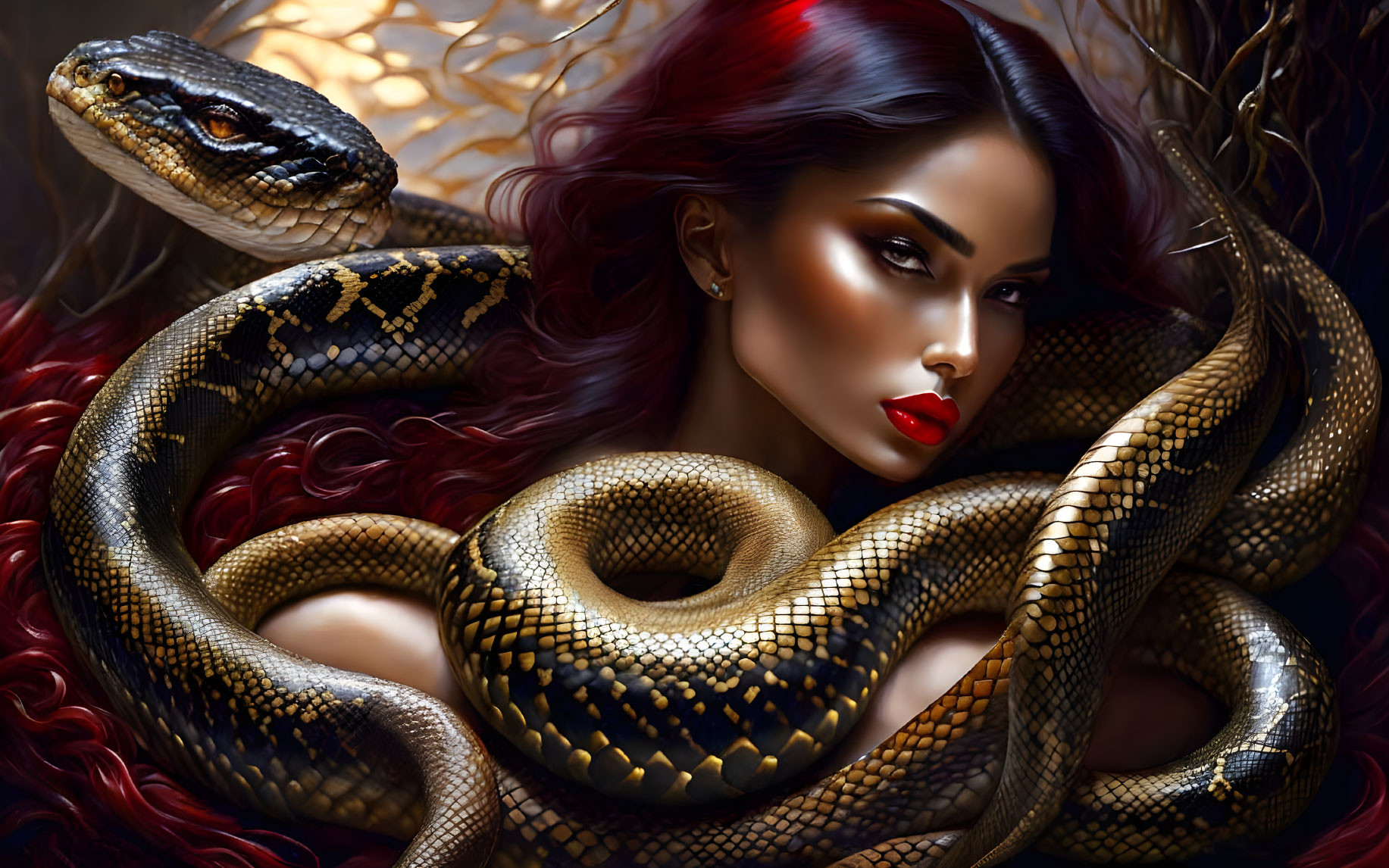 Digital Art: Woman with Red Hair and Golden Snake on Dark Background