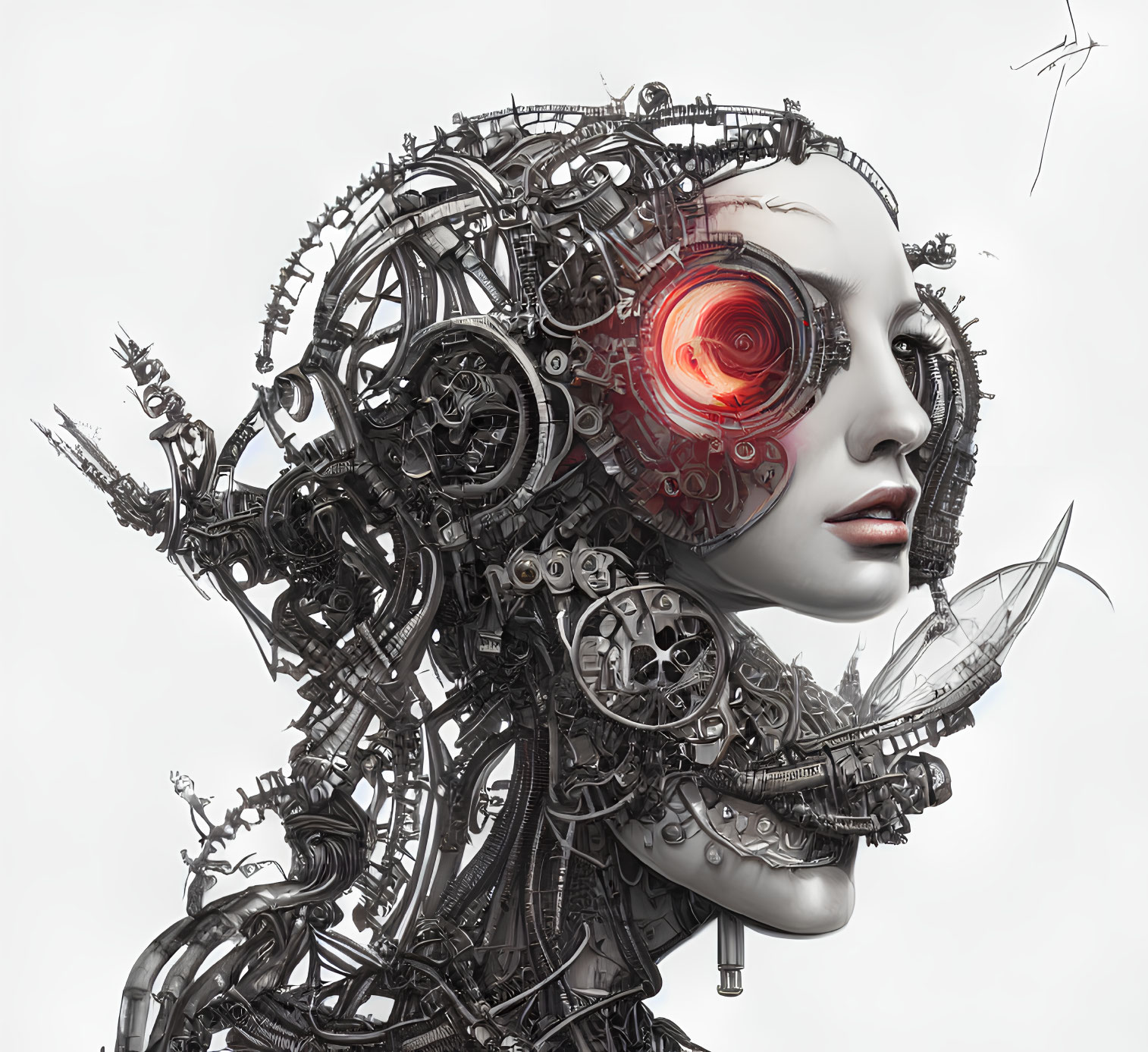 Female cyborg with intricate mechanical parts and red cybernetic eye