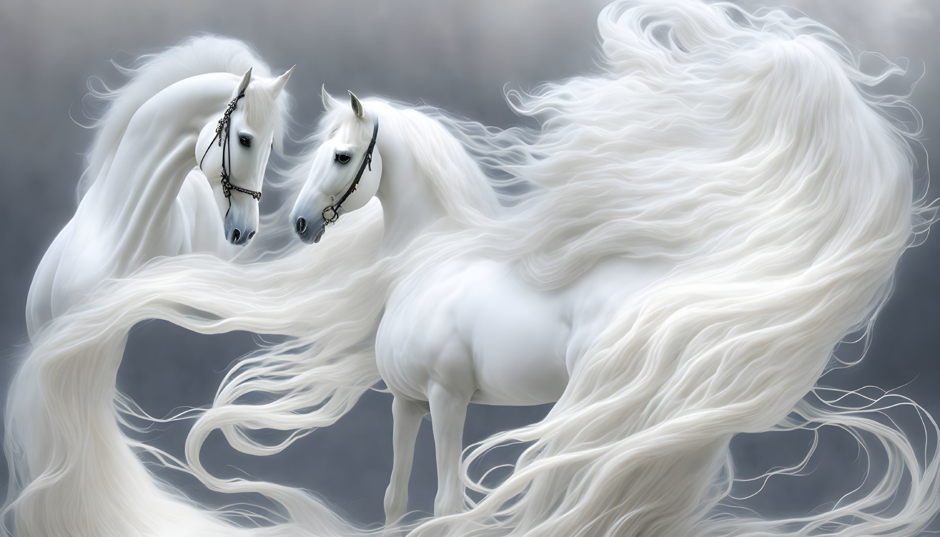 Ethereal white horses with long manes in misty setting