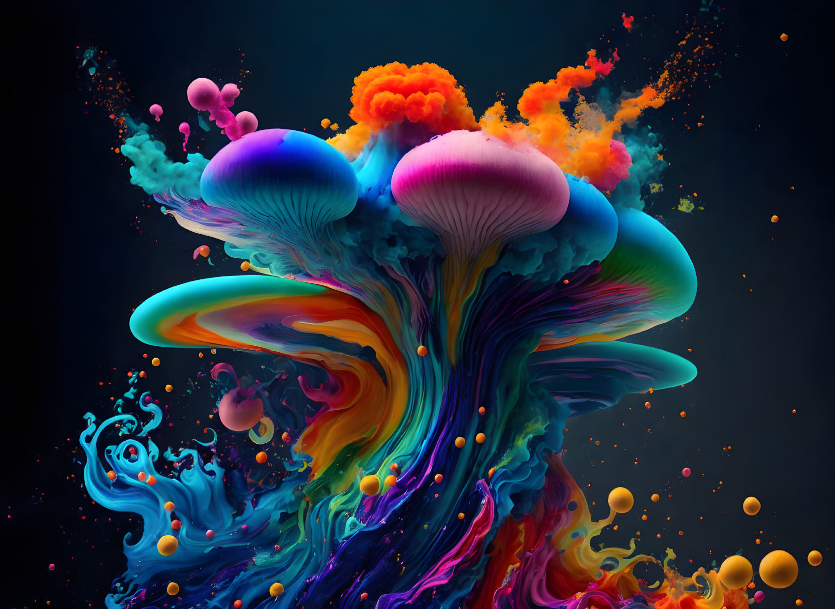 Colorful digital artwork: Three stylized jellyfish in vibrant liquid explosion