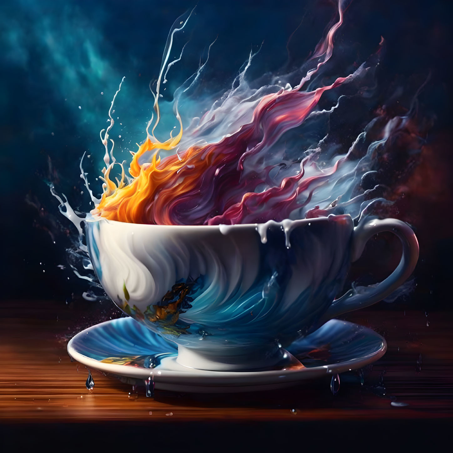 Vibrant cup illustration with fiery liquid against celestial backdrop