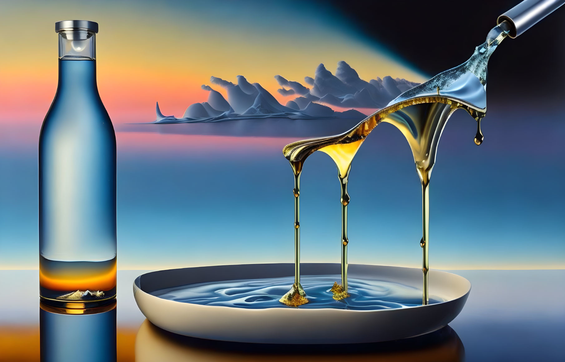 Blue bottle and golden liquid with sunset and mountains reflection.