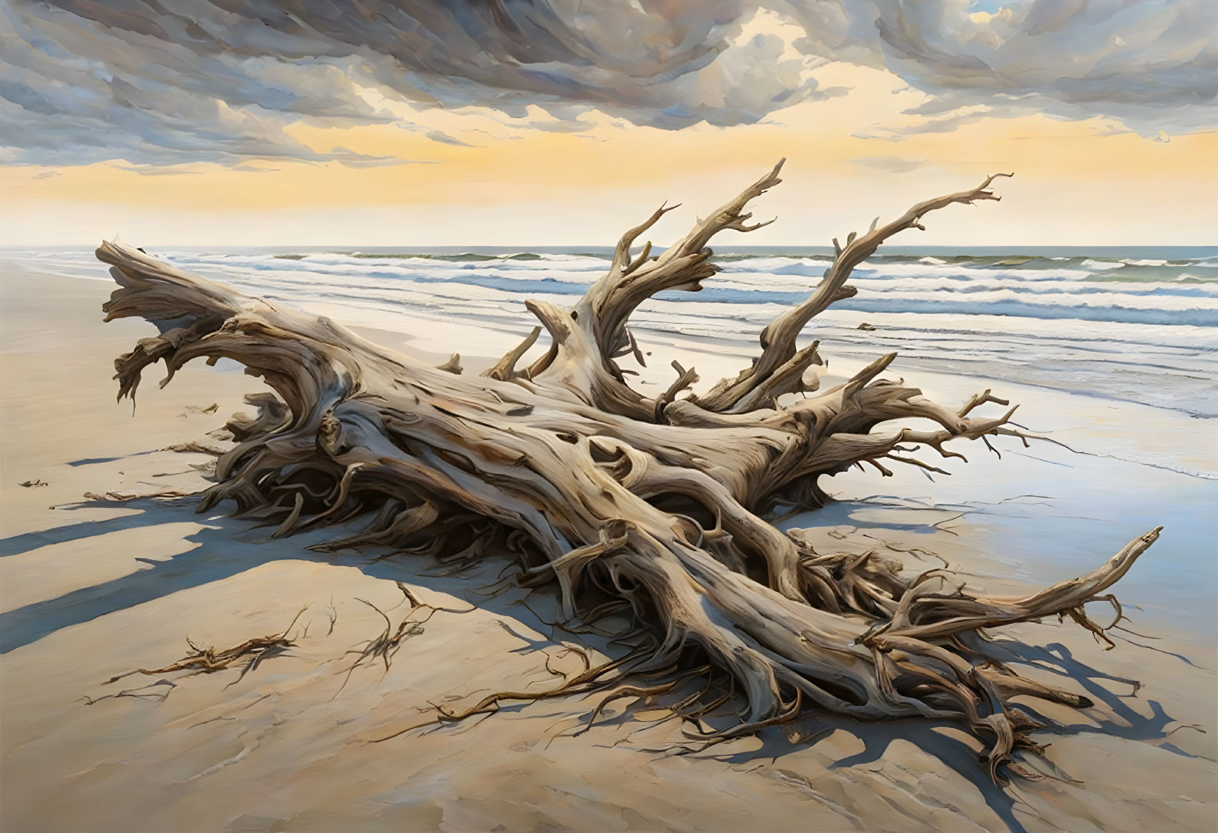 Weathered driftwood tree on sandy beach with cloudy sky and approaching waves