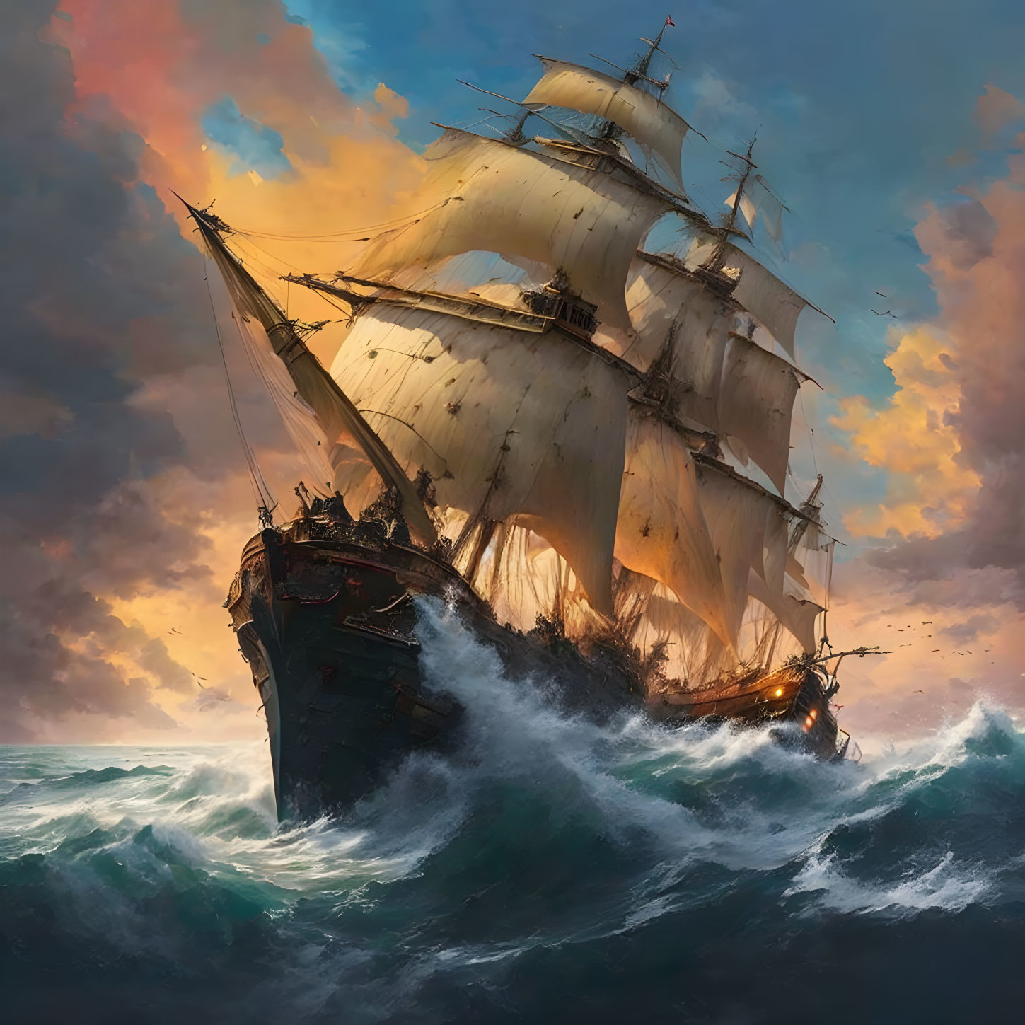 Majestic sailing ship in turbulent seas at sunset