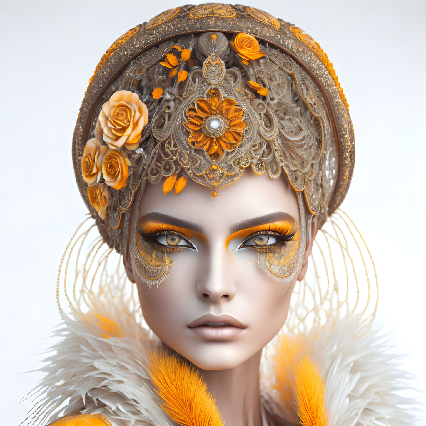 Elaborate Golden Makeup Portrait with Orange Accents and Roses