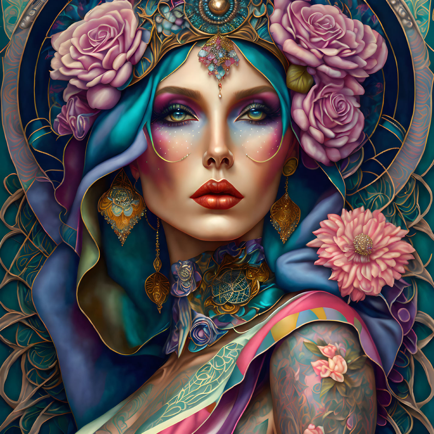 Illustrated woman with turquoise hair, tattoos, and intricate jewelry on botanical backdrop