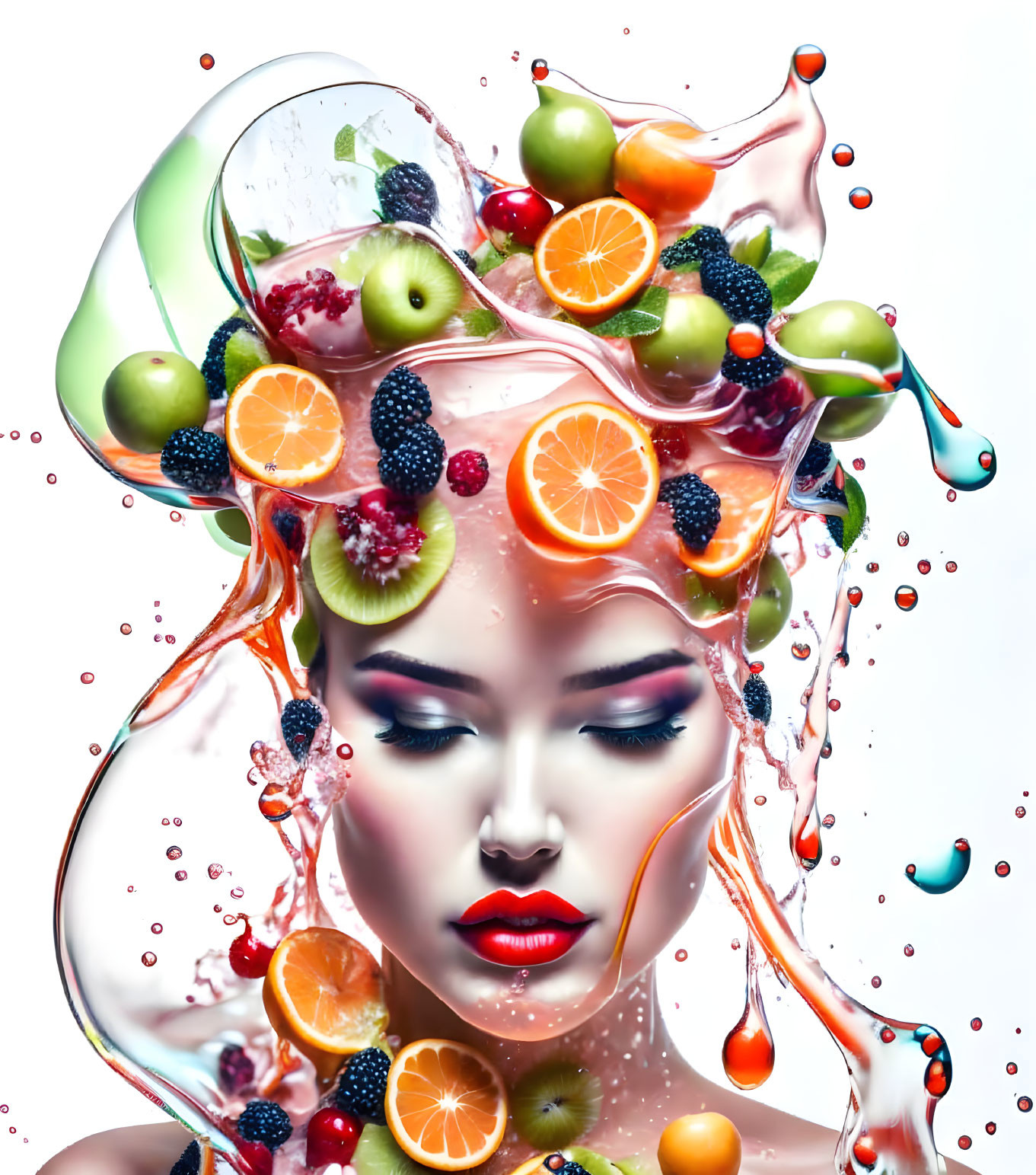 Surreal portrait: Woman with liquid splashes and fruit cascade