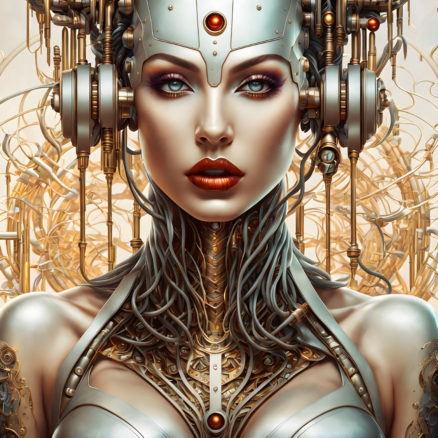 Detailed Female Cyborg with Mechanical Headpiece and Silver Armor Against Golden Background