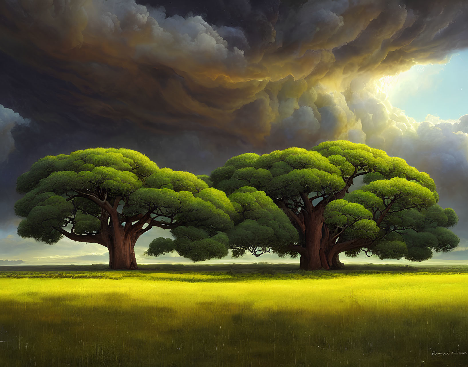 Majestic trees with lush canopies in sunlit field under dramatic sky