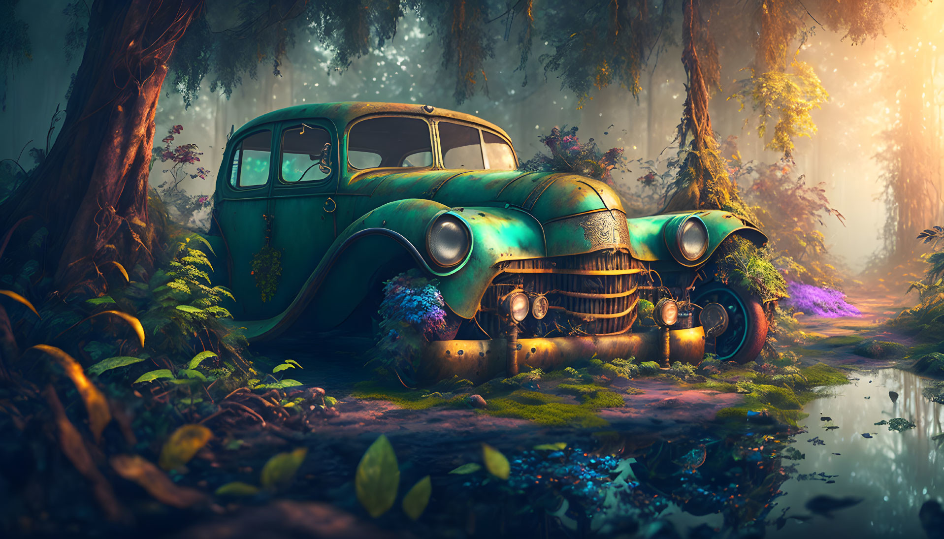 Abandoned green car in mystical forest with sunbeams