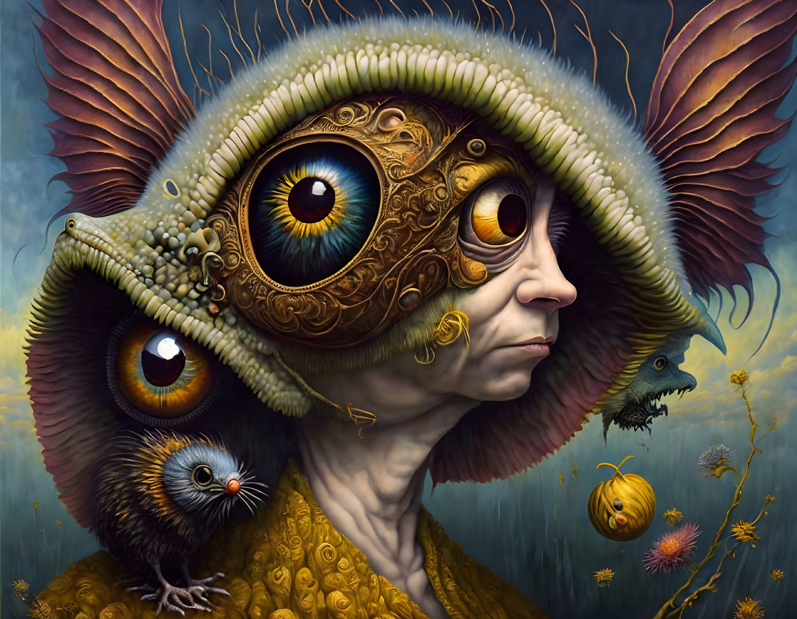 Surreal portrait with multiple eyes and fantastical creatures