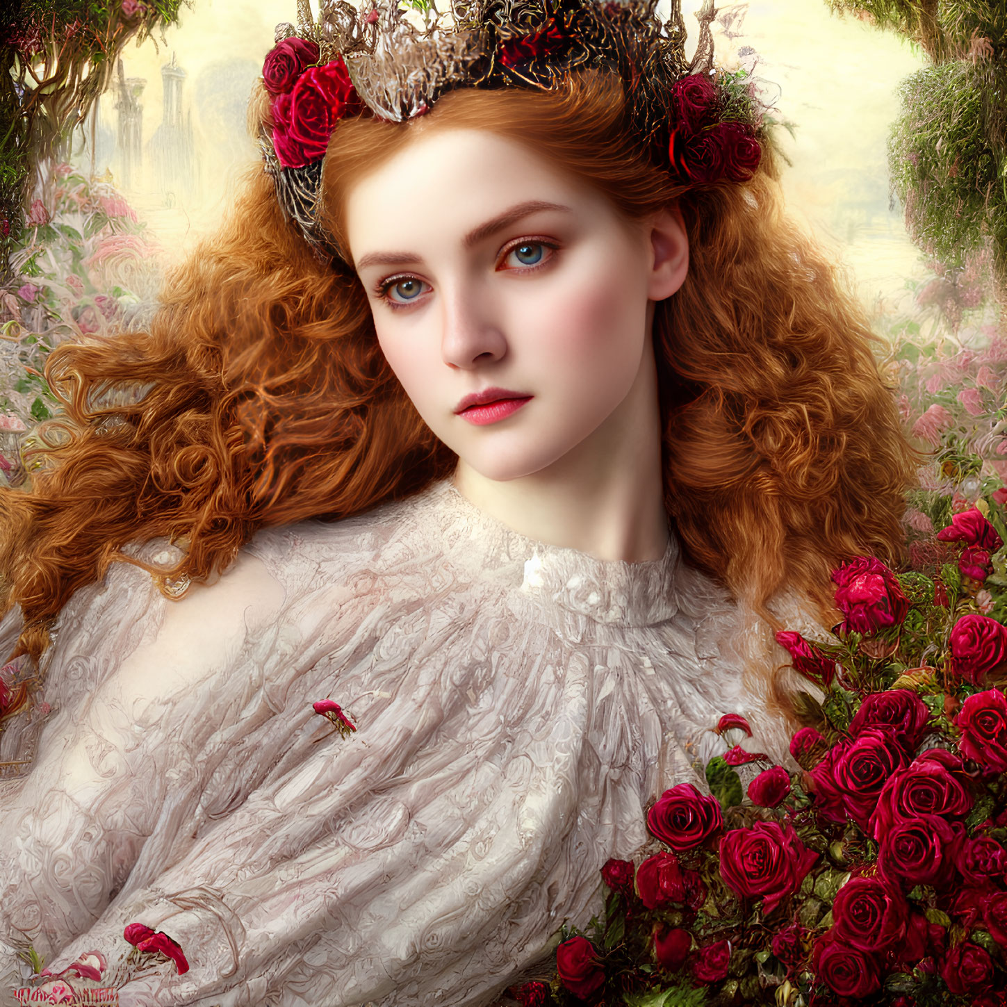 Portrait of woman with red hair, floral crown, white gown, surrounded by roses