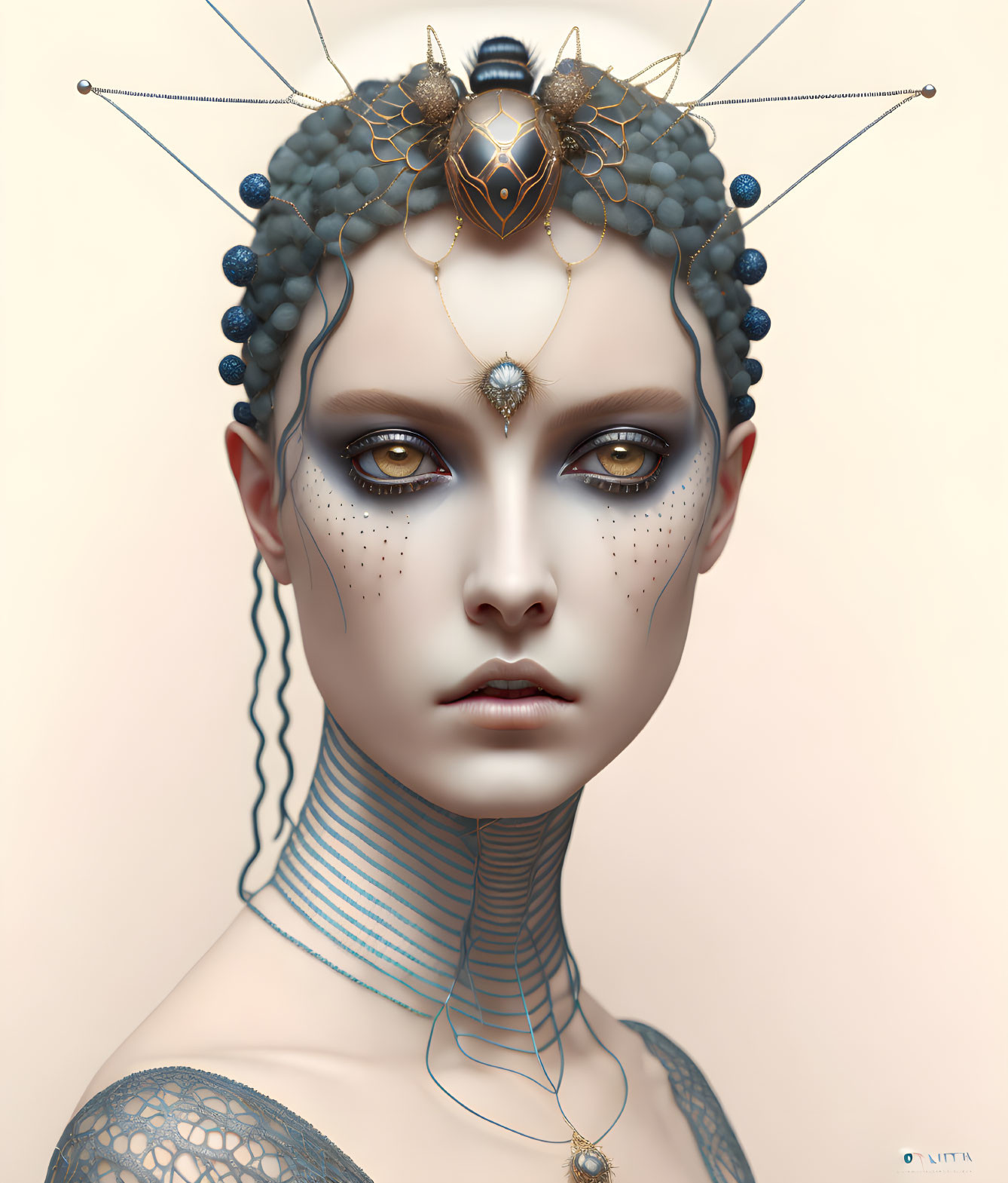 Surreal digital art: Blue-skinned female figure with golden eyes, intricate jewelry, and pattern