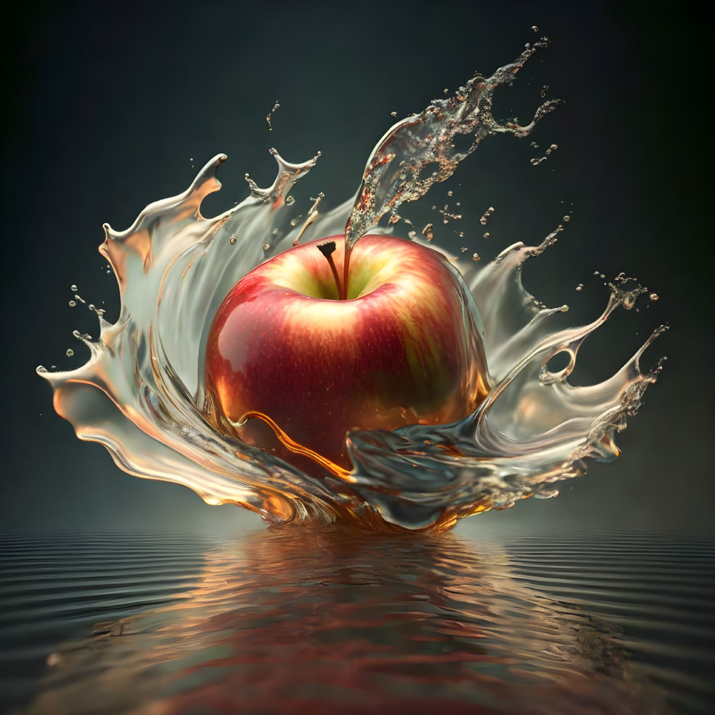 Dynamic water splash around red apple with crown effect on blurred background