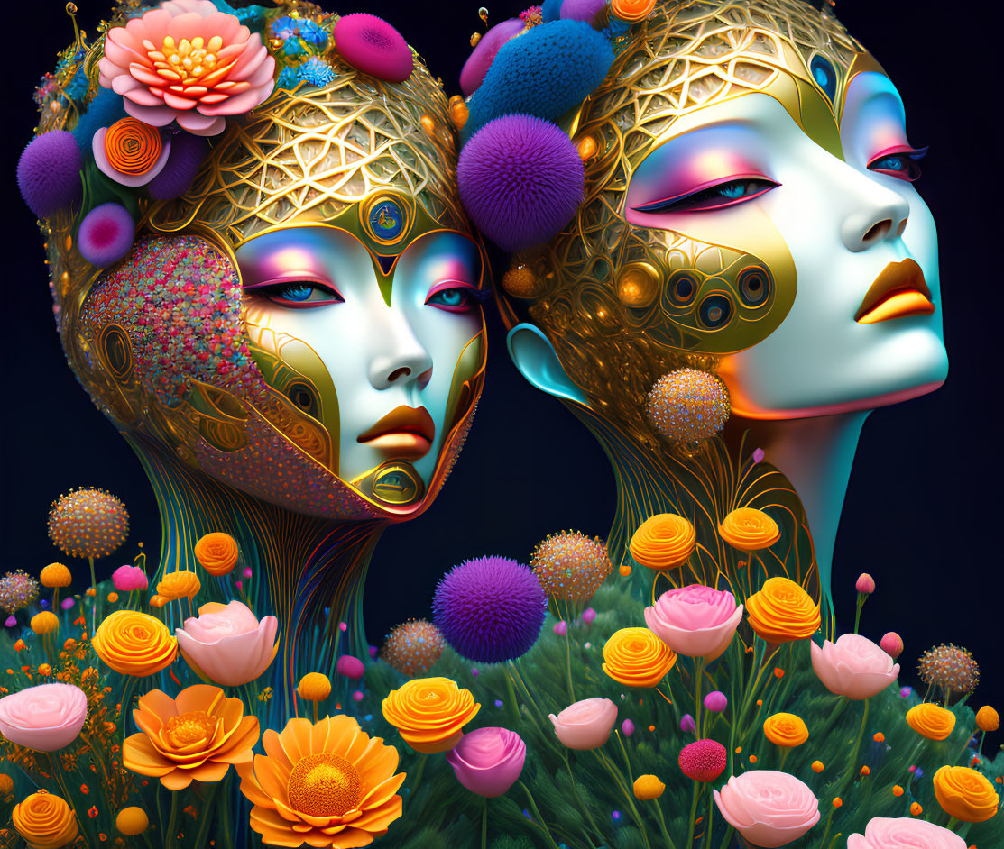 Surreal female figures with ornate headpieces and painted faces in vibrant floral scene