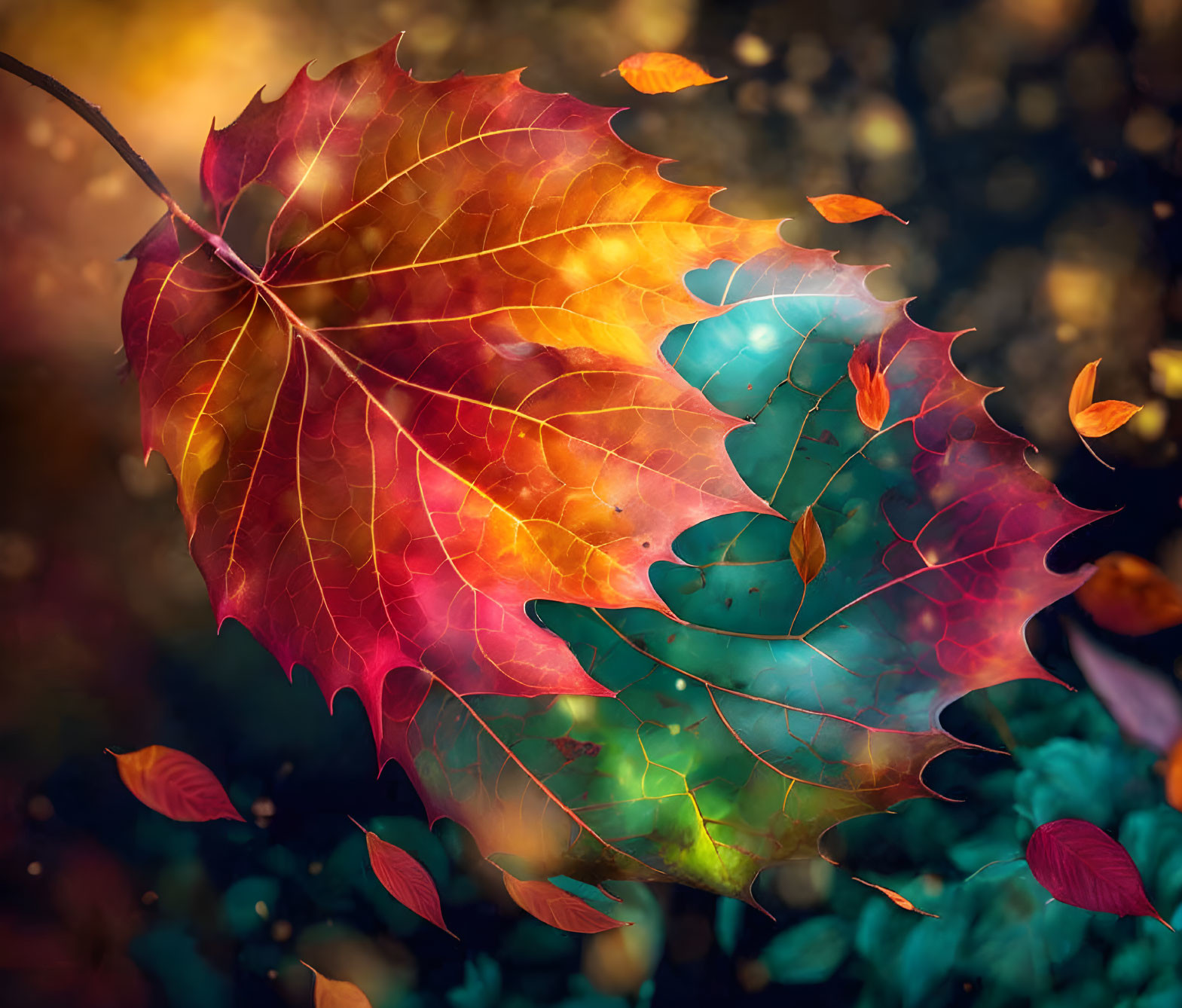 Colorful Autumn Leaf Surrounded by Floating Leaves on Bokeh Background