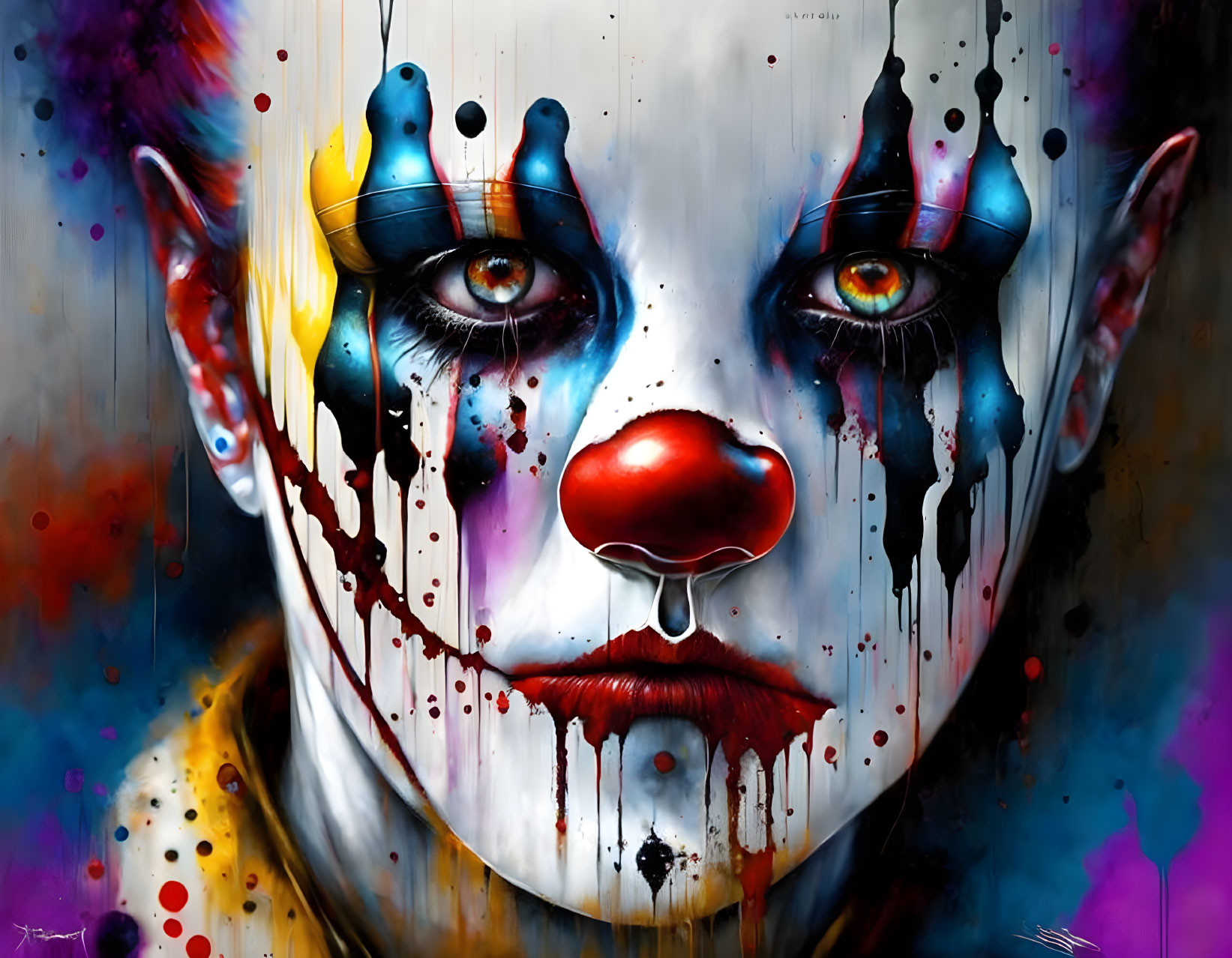 Vibrant makeup and dripping paint effects on a clown with intense yellow eyes