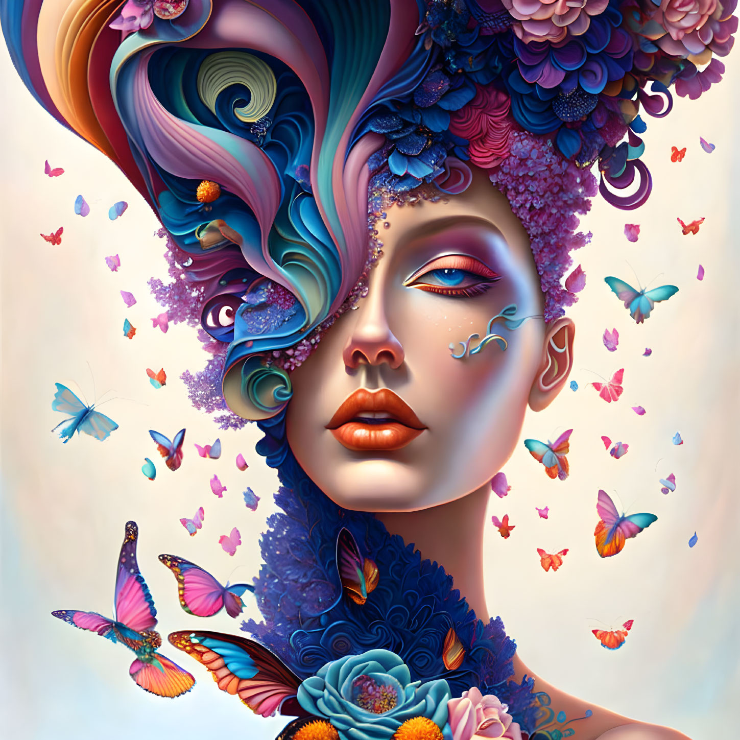 Vibrant woman with flowers and butterflies in surreal art