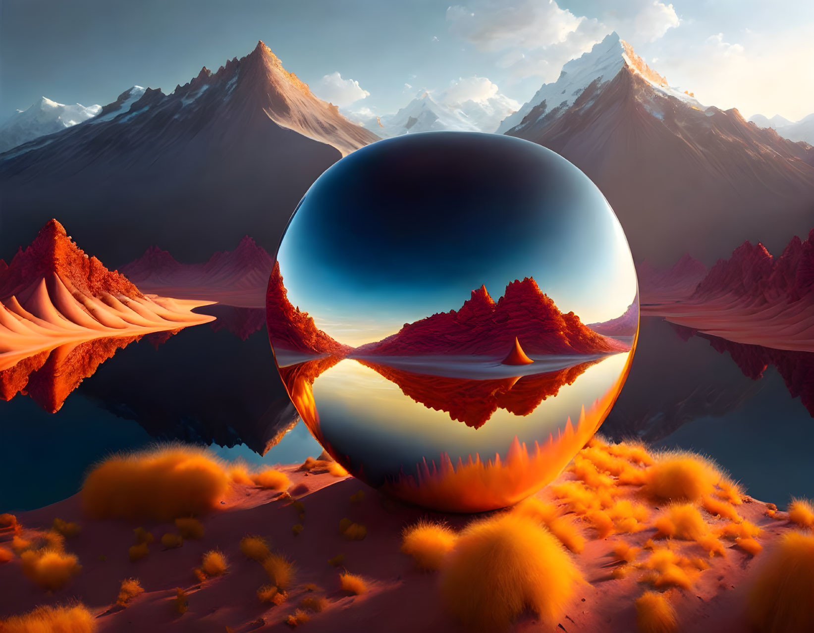 Surreal landscape with reflective sphere, mountains, sandy terrain, orange grass, and gradient sky