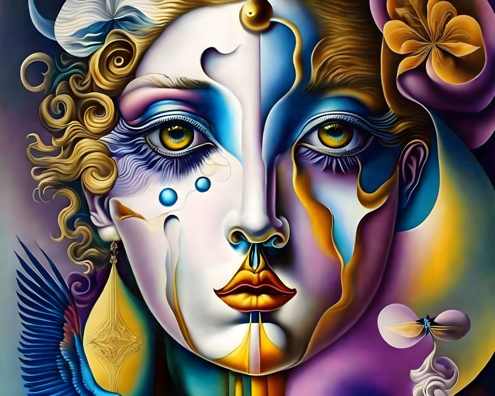 Vibrant surreal painting of segmented face with mismatched eyes and lips