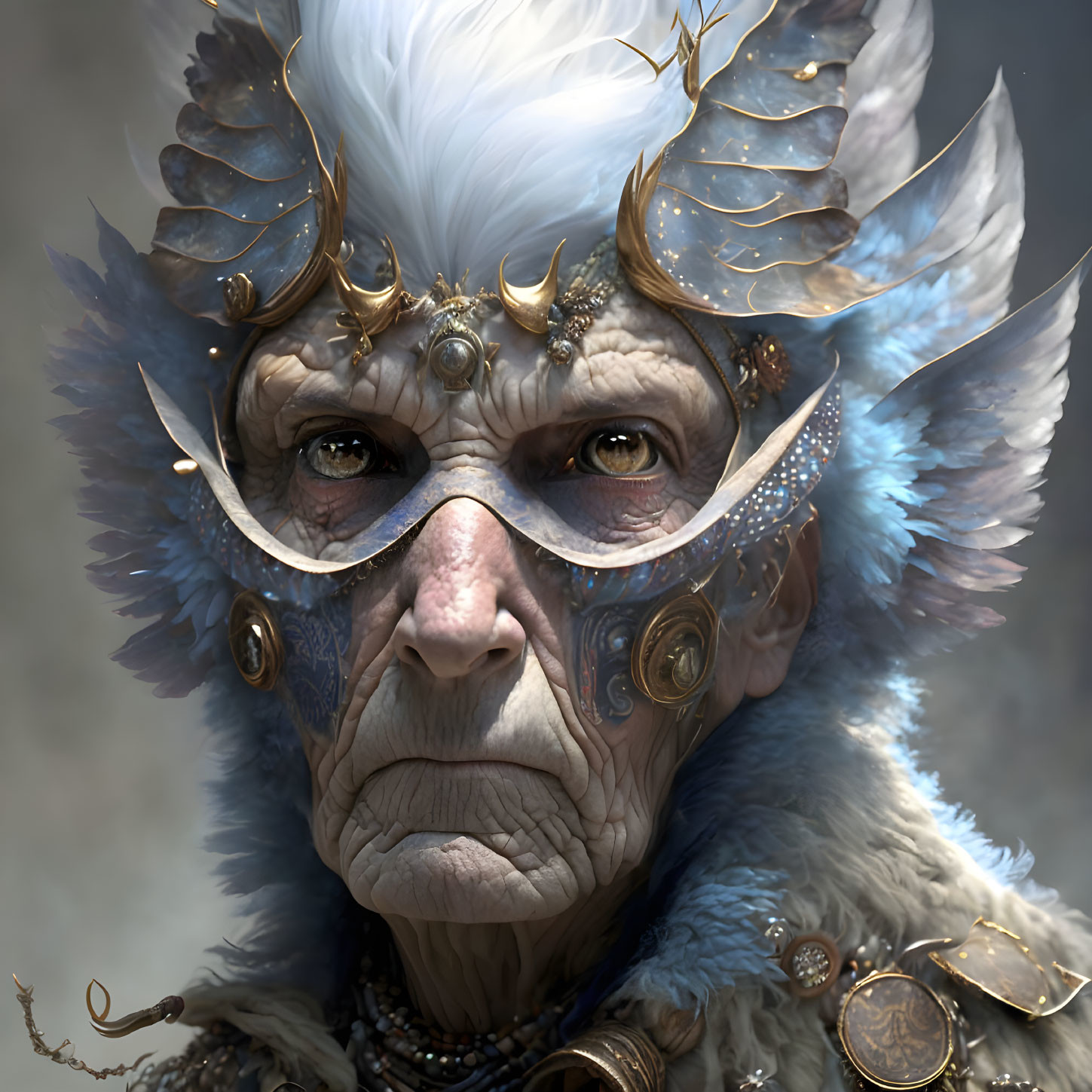 Portrait of elderly person with piercing blue eyes, ornate crown, and facial tattoos