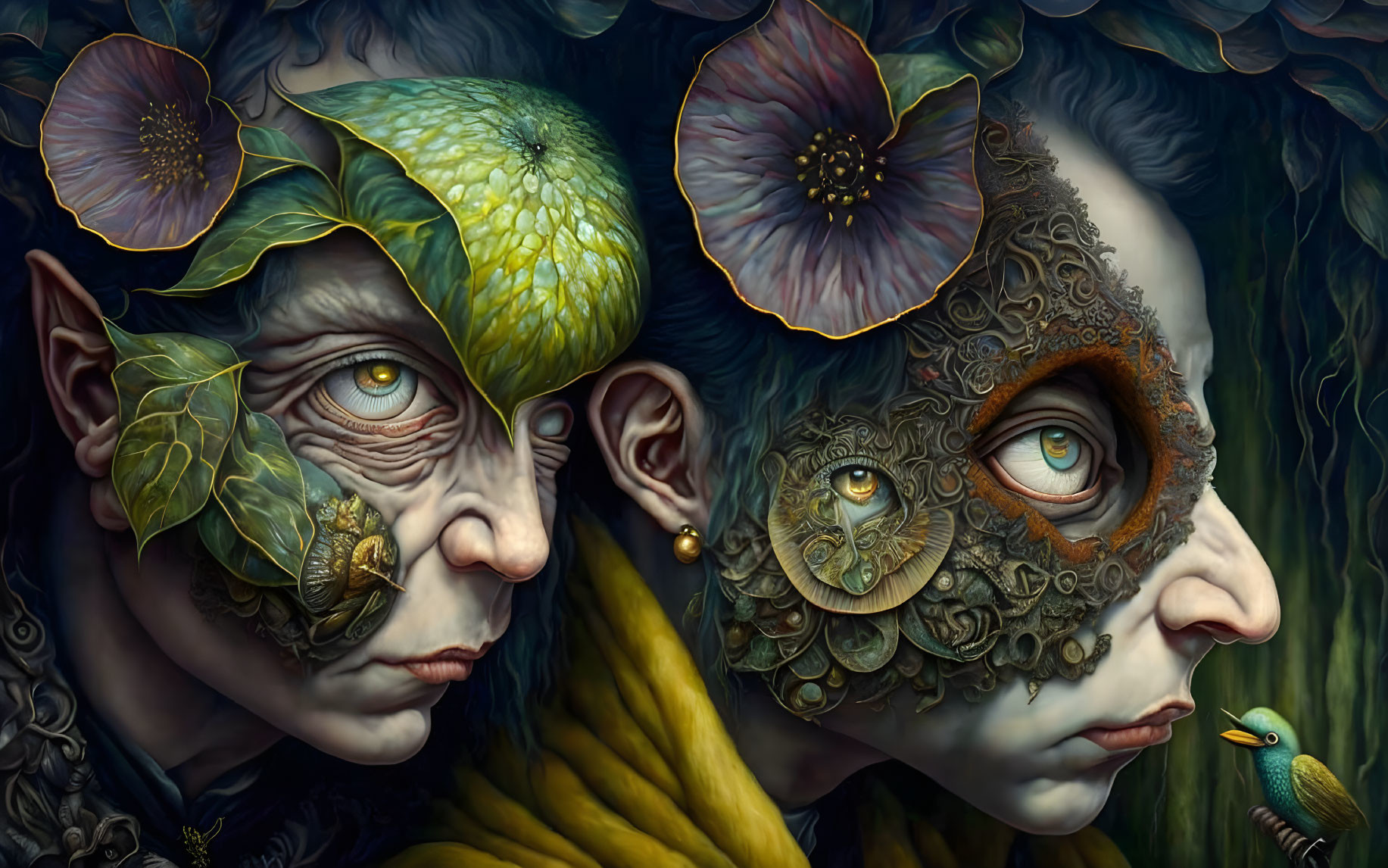 Fantastical beings with nature-inspired textures in digital painting