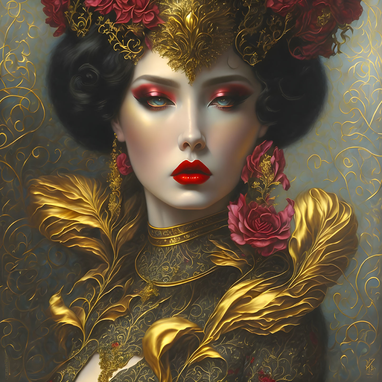 Elaborate digital portrait of a woman with gold headpiece