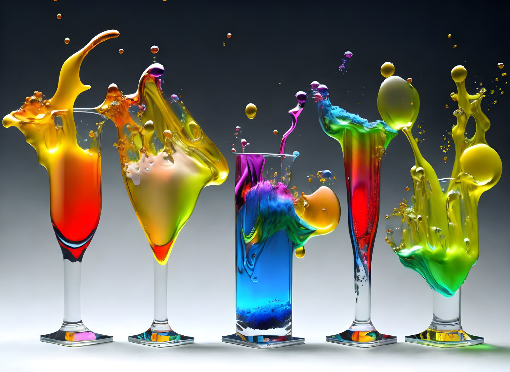 Vibrant liquid splashes from cocktail glasses on gray background