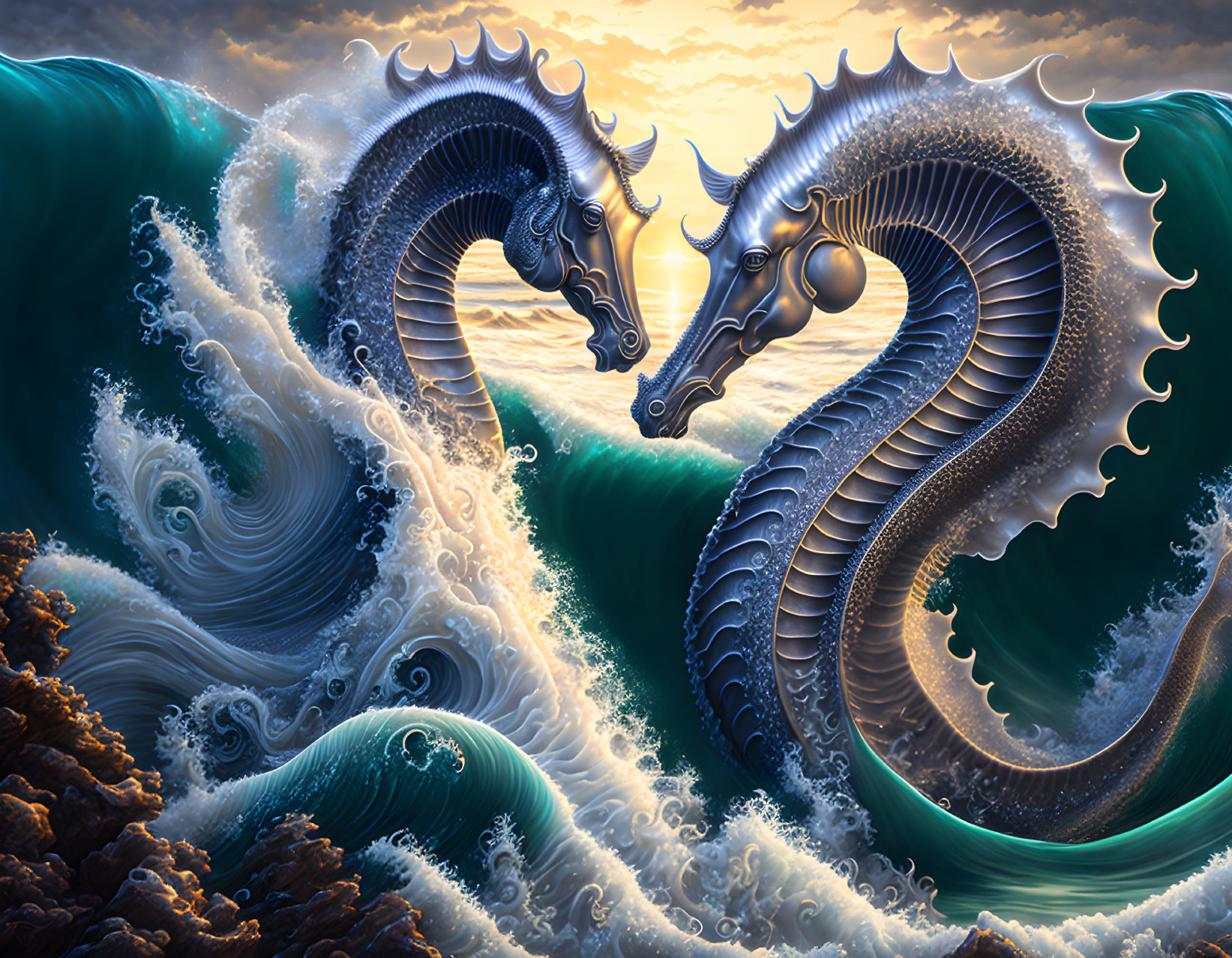 Majestic sea dragons in turbulent ocean under sunset sky