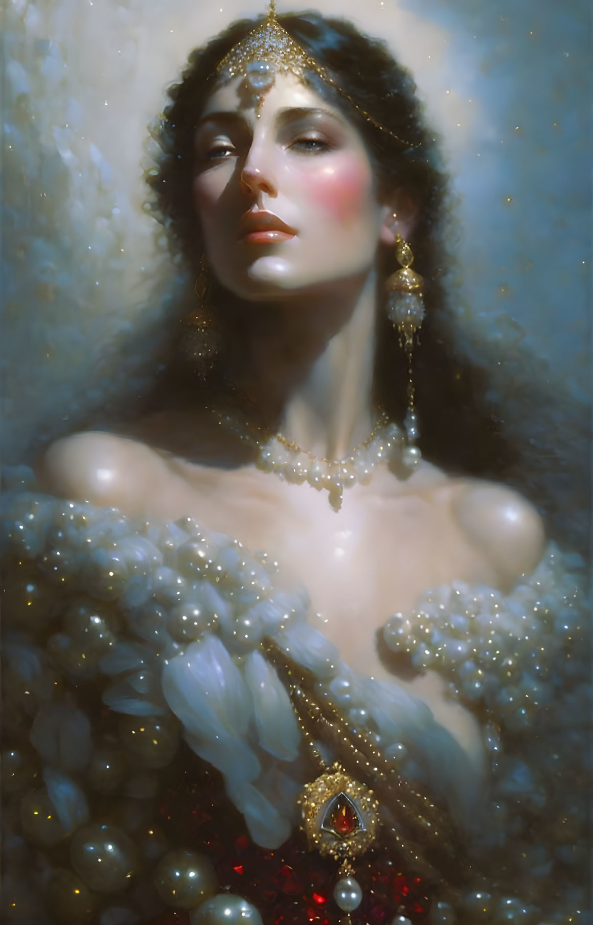 Portrait of Woman with Adorned Headpiece and Pearls in Soft Background