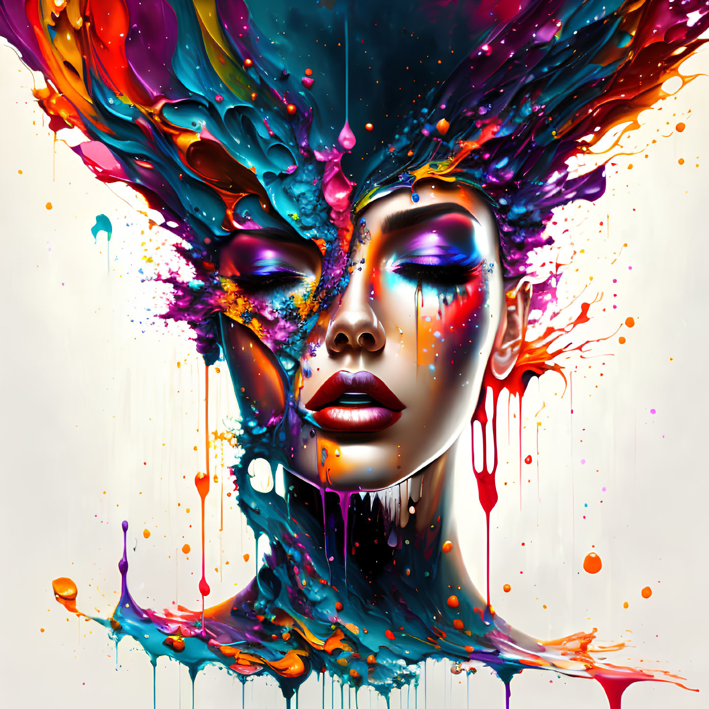 Colorful woman illustration with splashes and drips on light background