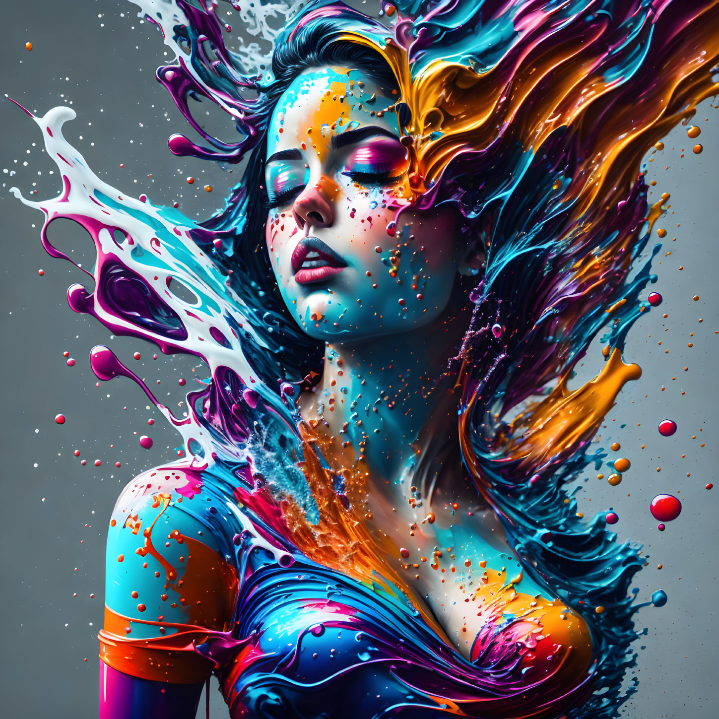 Vibrant digital artwork: Woman with paint streams as hair and body cover