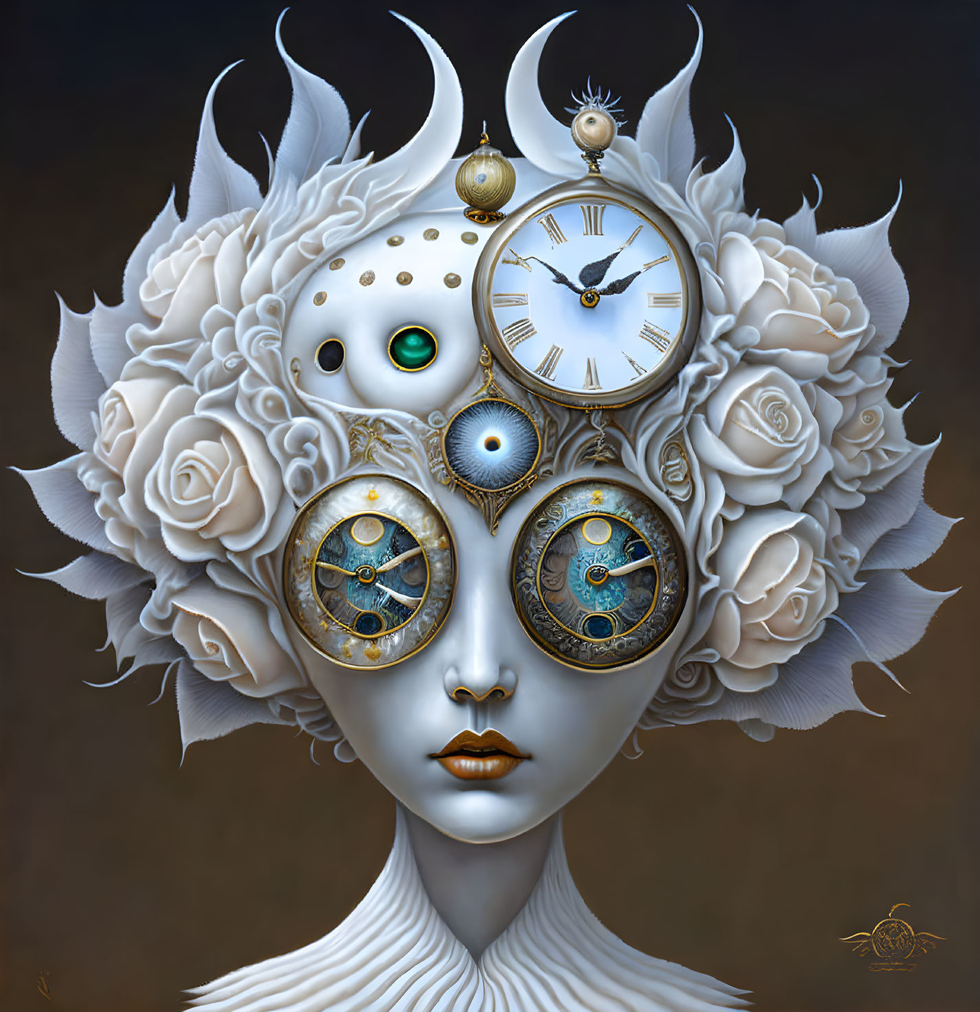 Clock-faced figure with ornate eyes and rose-adorned head in surreal portrait.