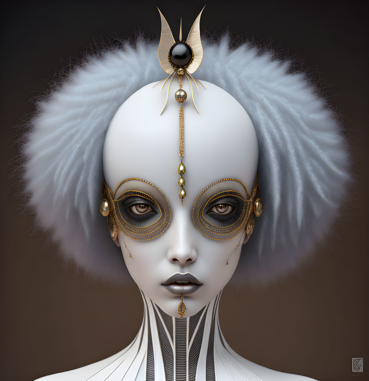 Stylized digital artwork of female figure with golden mask and headpiece