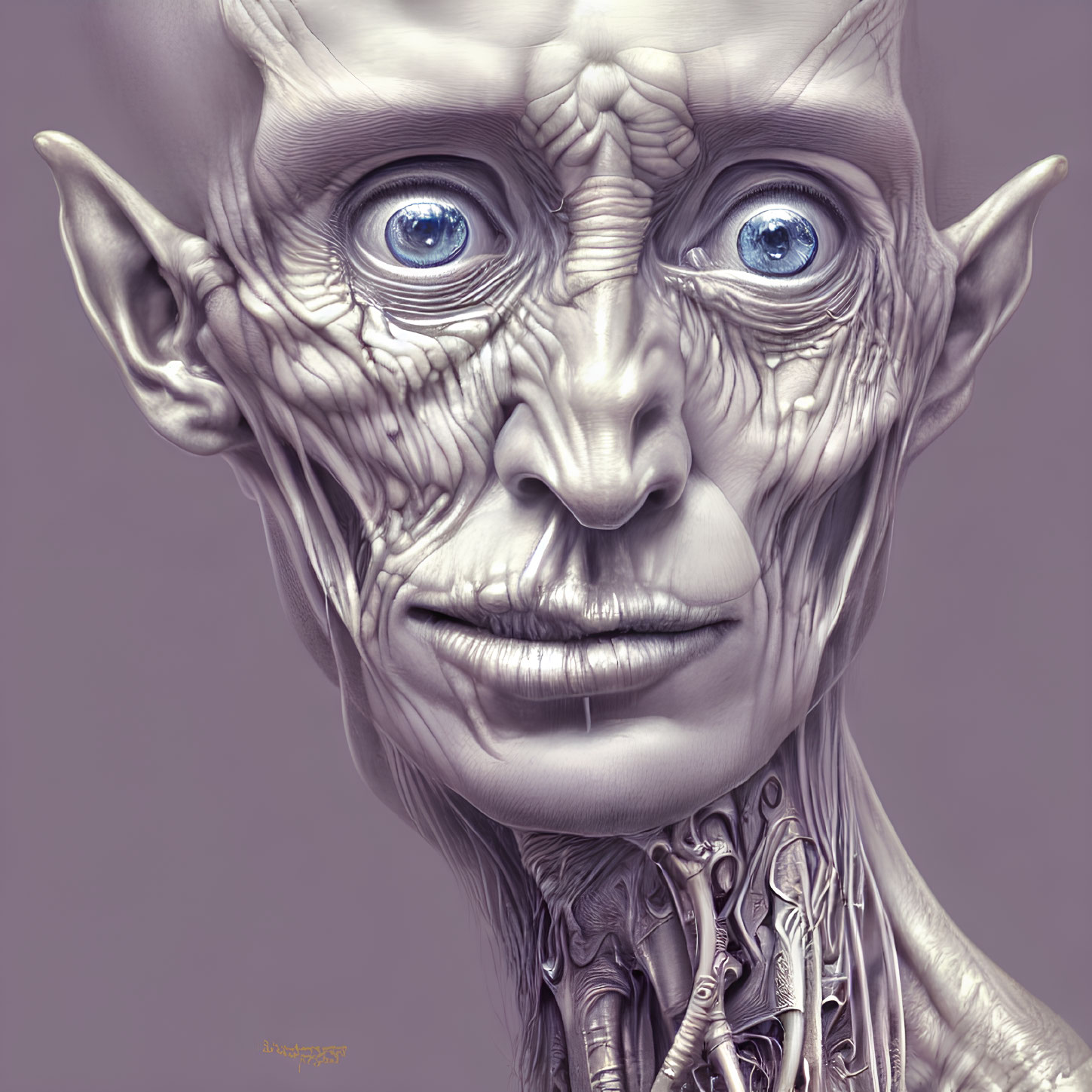 Detailed Illustration of Fantastical Humanoid Creature with Blue Eyes