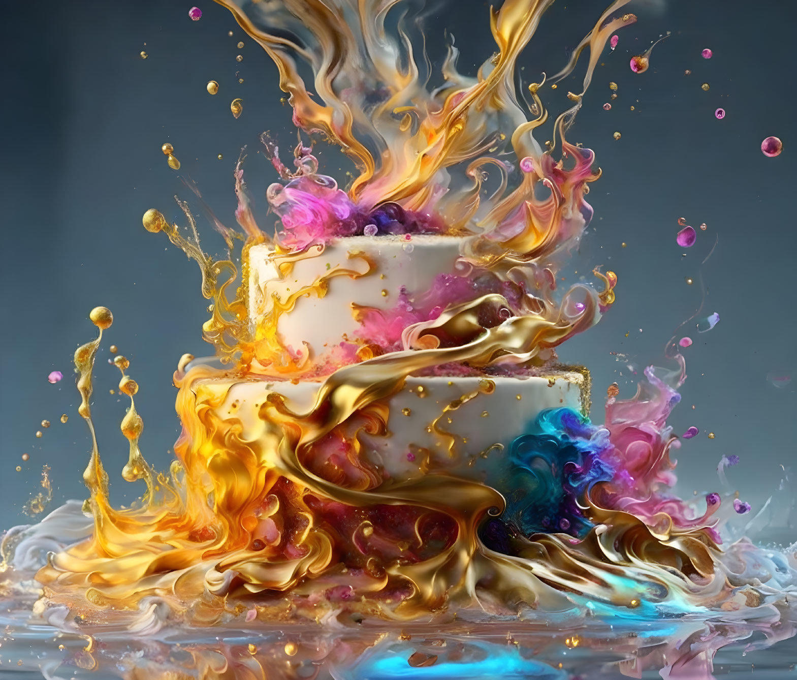 Colorful liquid and flame-like shapes adorn three-tiered cake