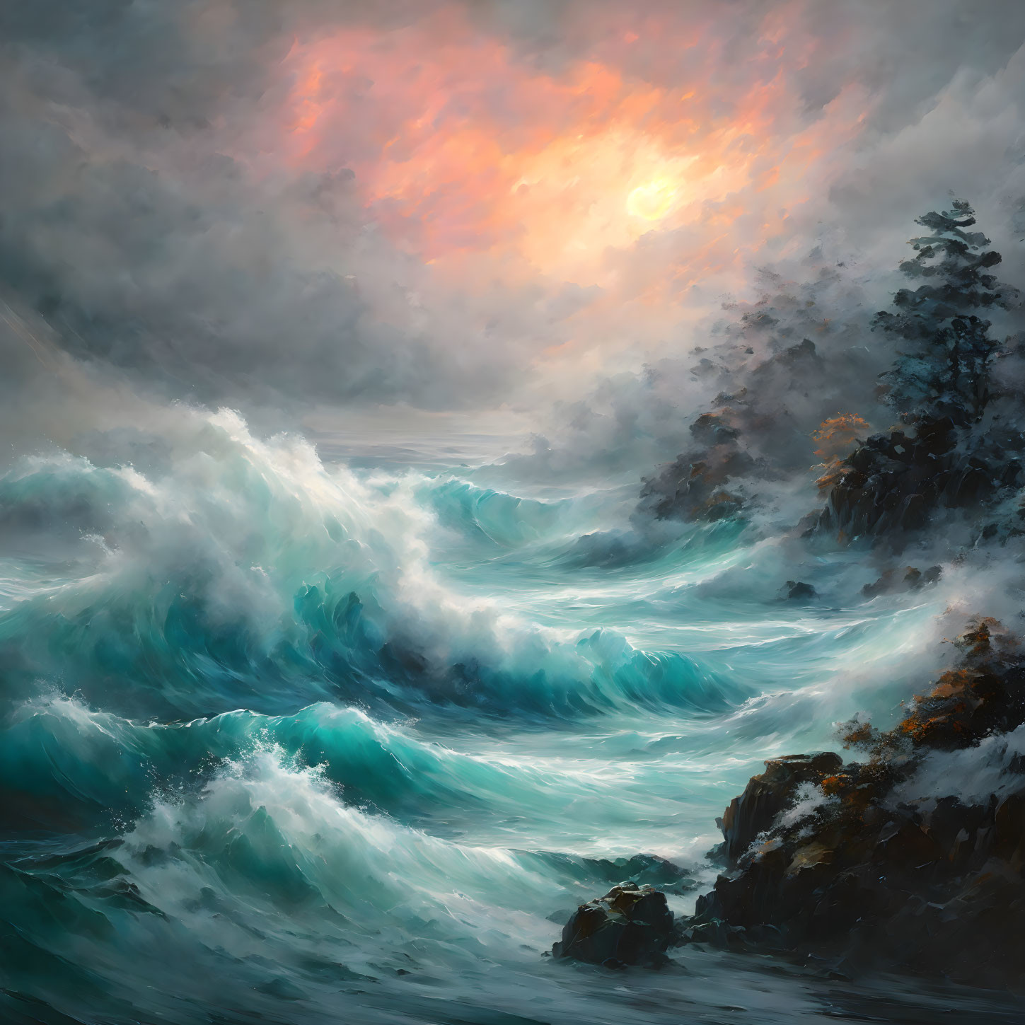 Dramatic seascape with turbulent waves and glowing sunset