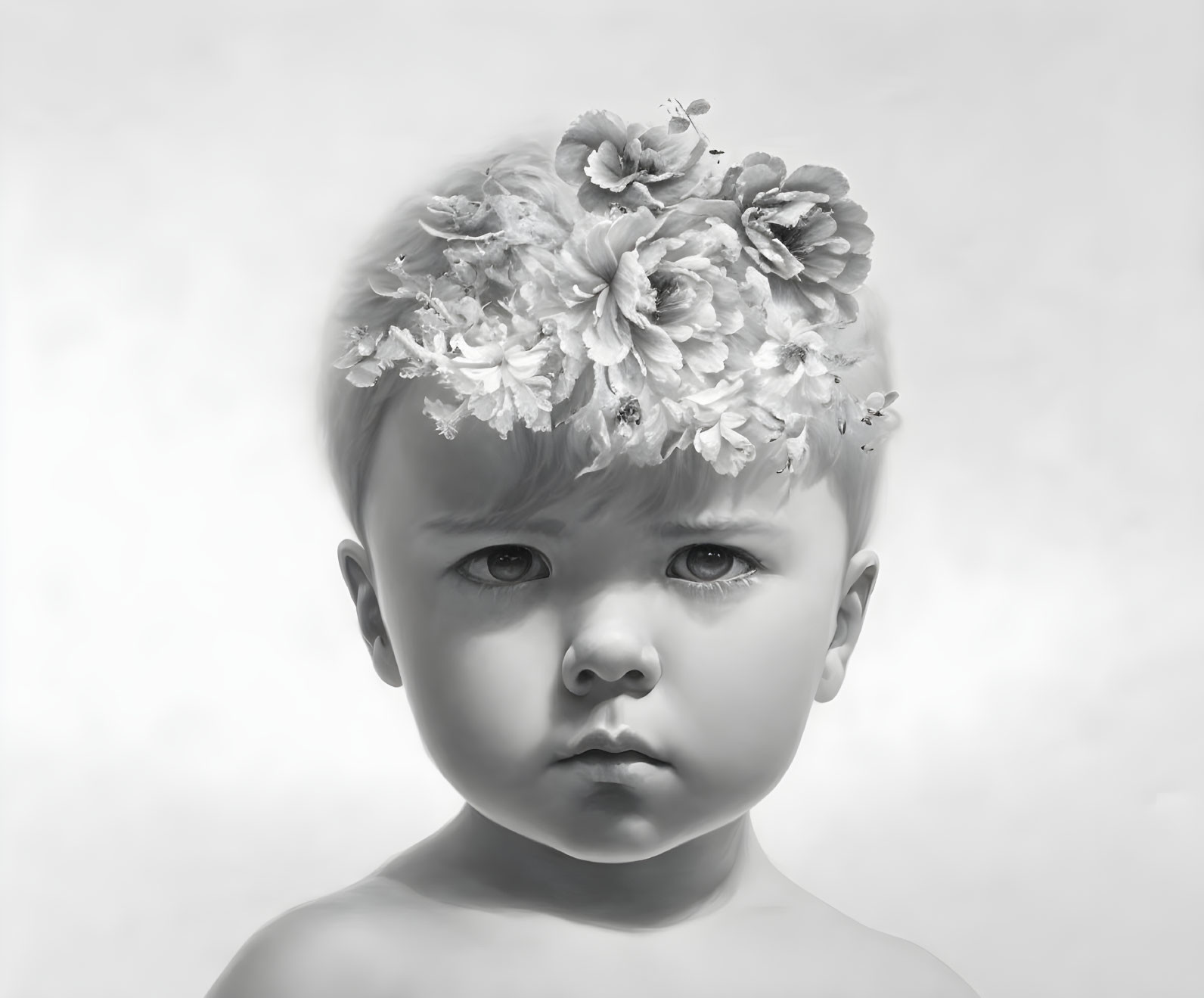 Monochrome portrait of a toddler with solemn expression and flower wreath