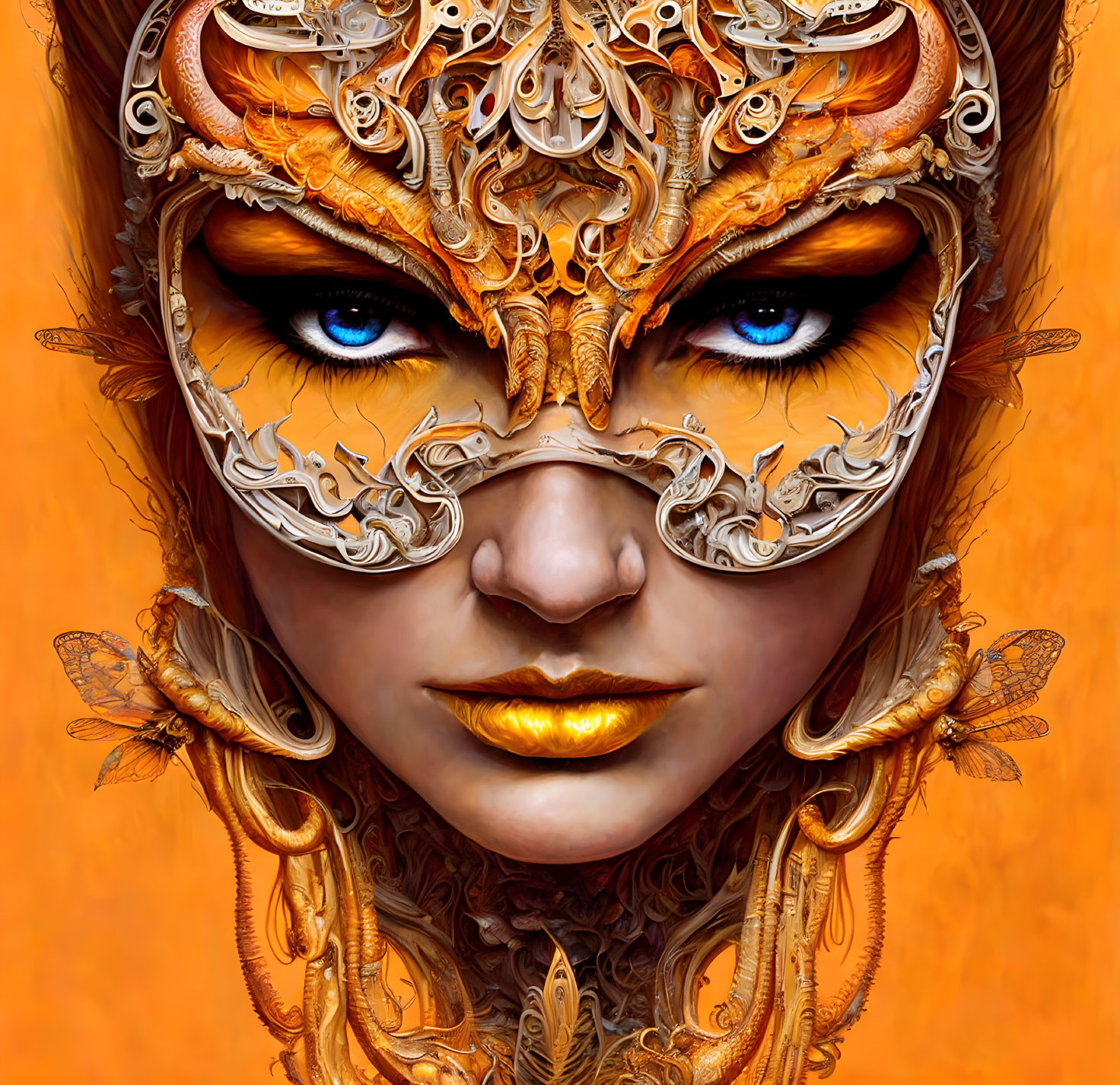 Blue-eyed person wearing ornate golden mask on orange background